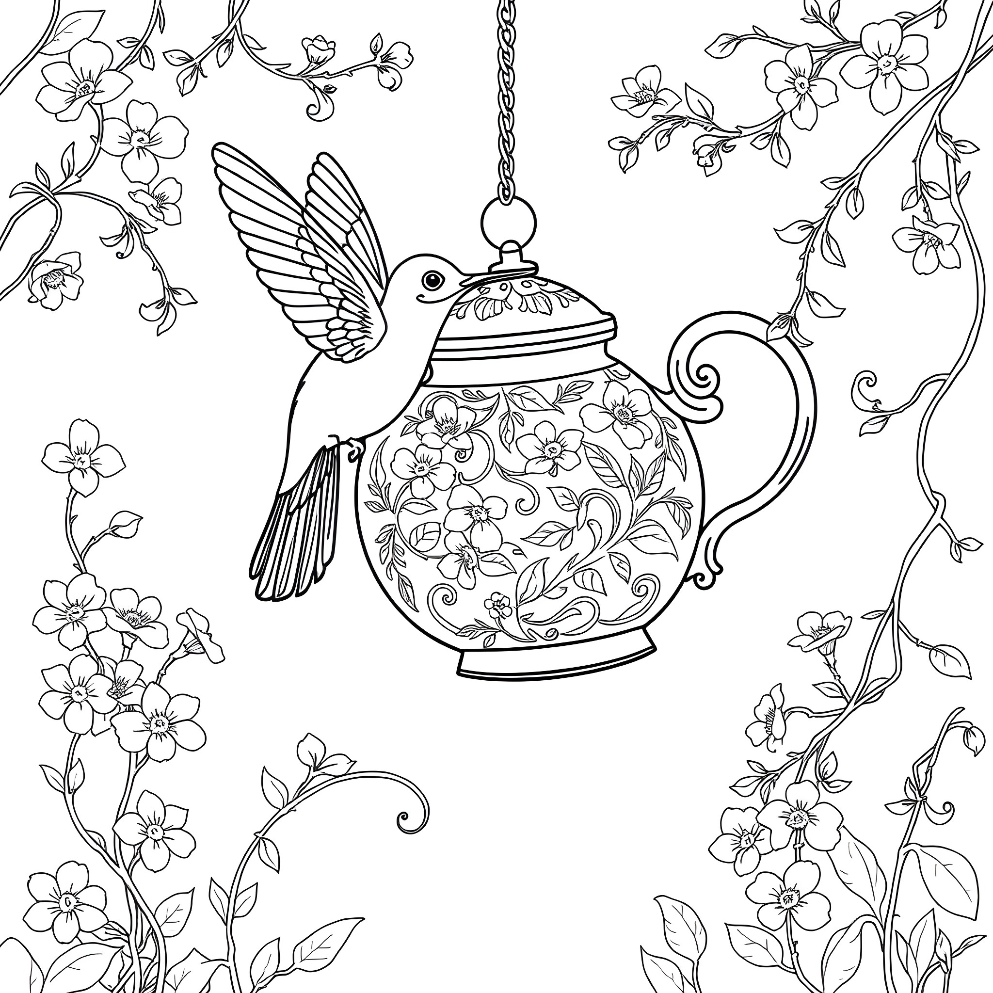 Hummingbird hovering near a decorative teapot Coloring Page (free black-and-white line drawing printable PDF for all, from beginners to advanced learners, including children, teens, adults, and seniors)