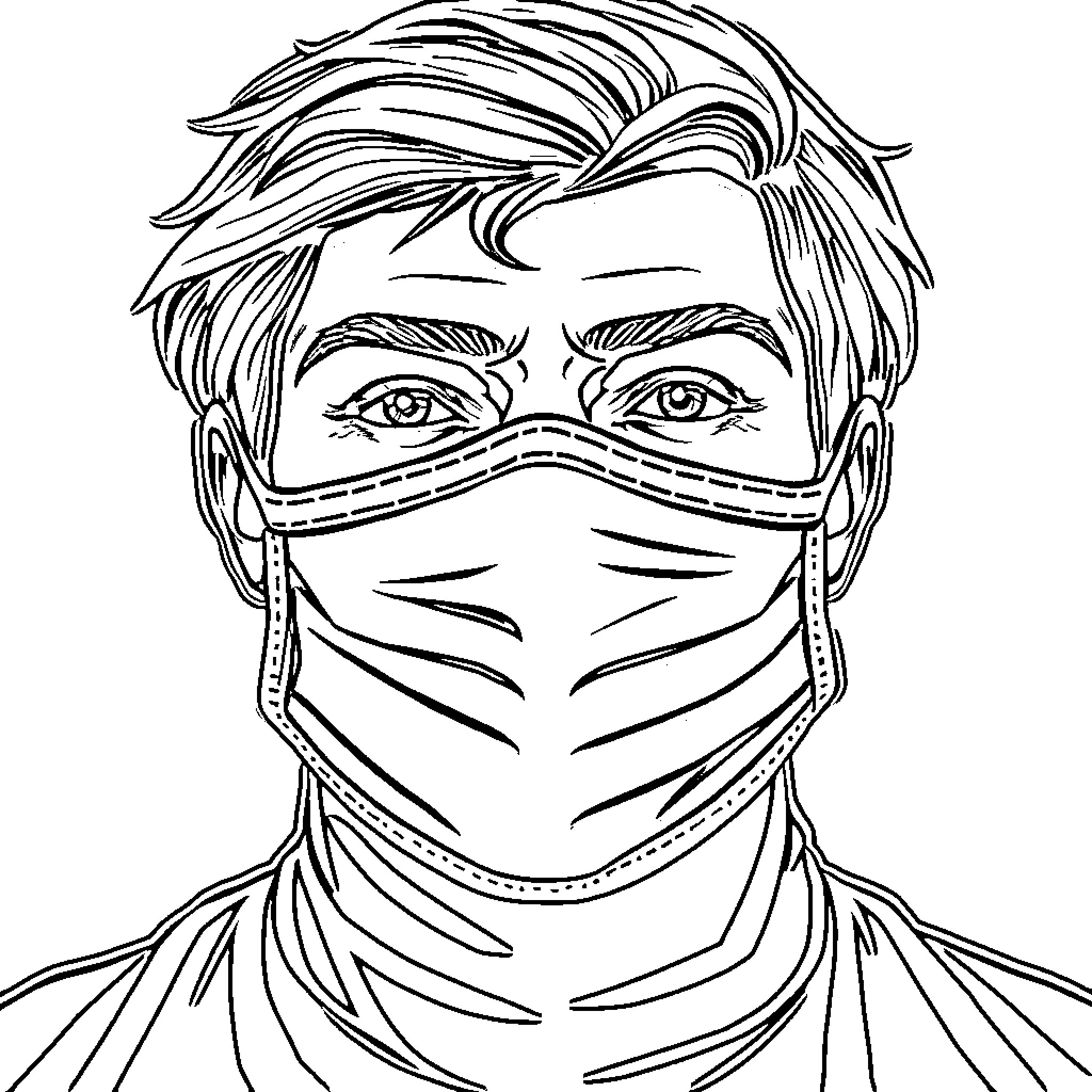Facemask worn by concerned man Coloring Page (free black-and-white line drawing printable PDF for all, from beginners to advanced learners, including children, teens, adults, and seniors)