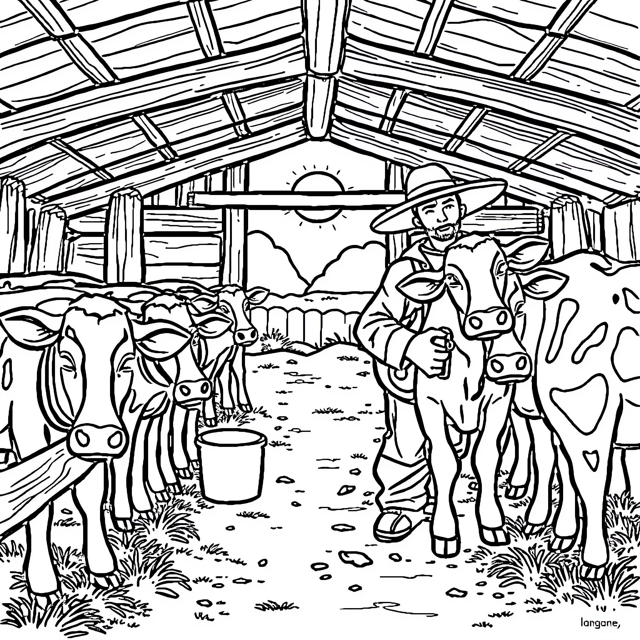 Cow herder in the barn yard Coloring Page (free black-and-white line drawing printable PDF for all, from beginners to advanced learners, including children, teens, adults, and seniors)