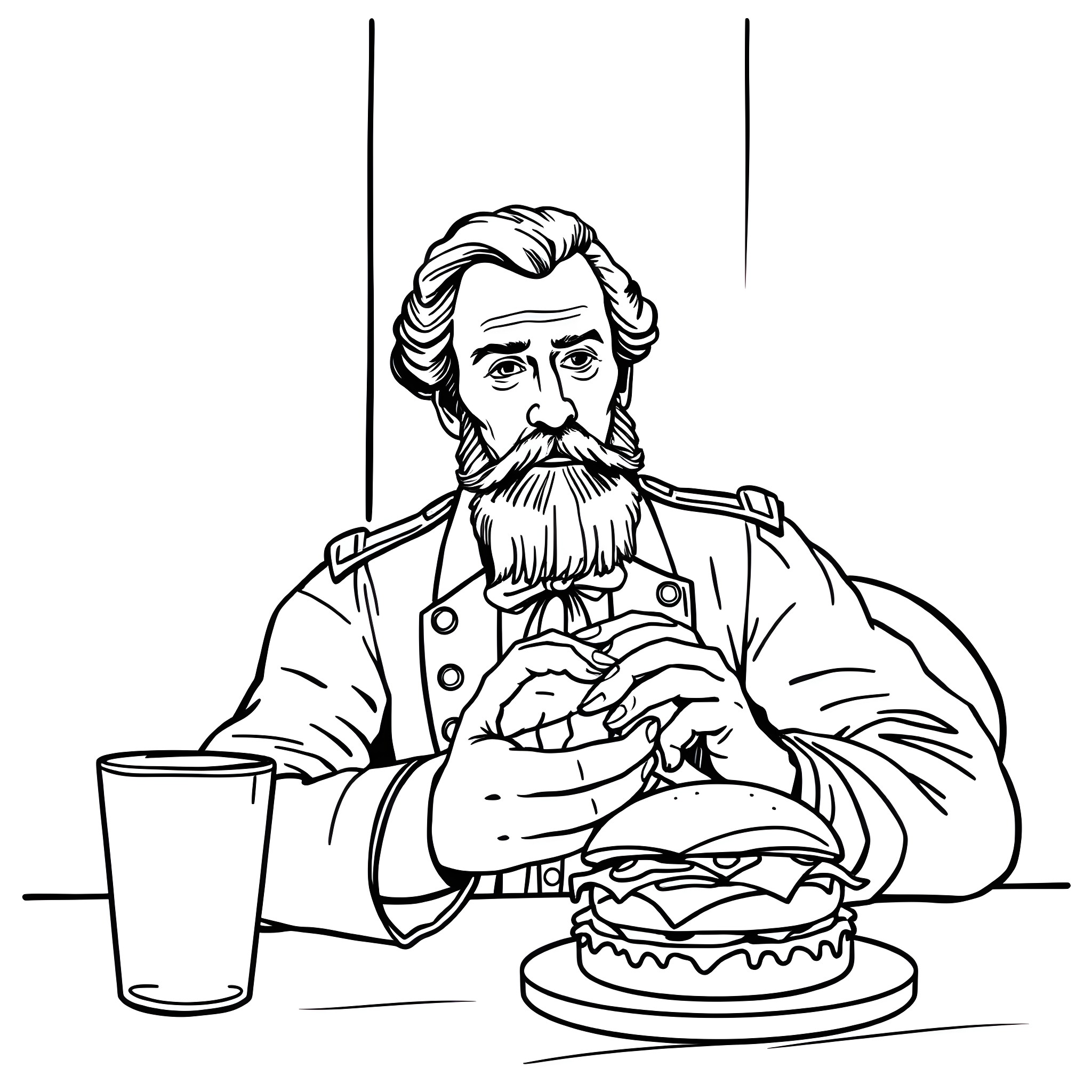 William Booth enjoying a meal with a glass of beverage Coloring Page (free black-and-white line drawing printable PDF for all, from beginners to advanced learners, including children, teens, adults, and seniors)