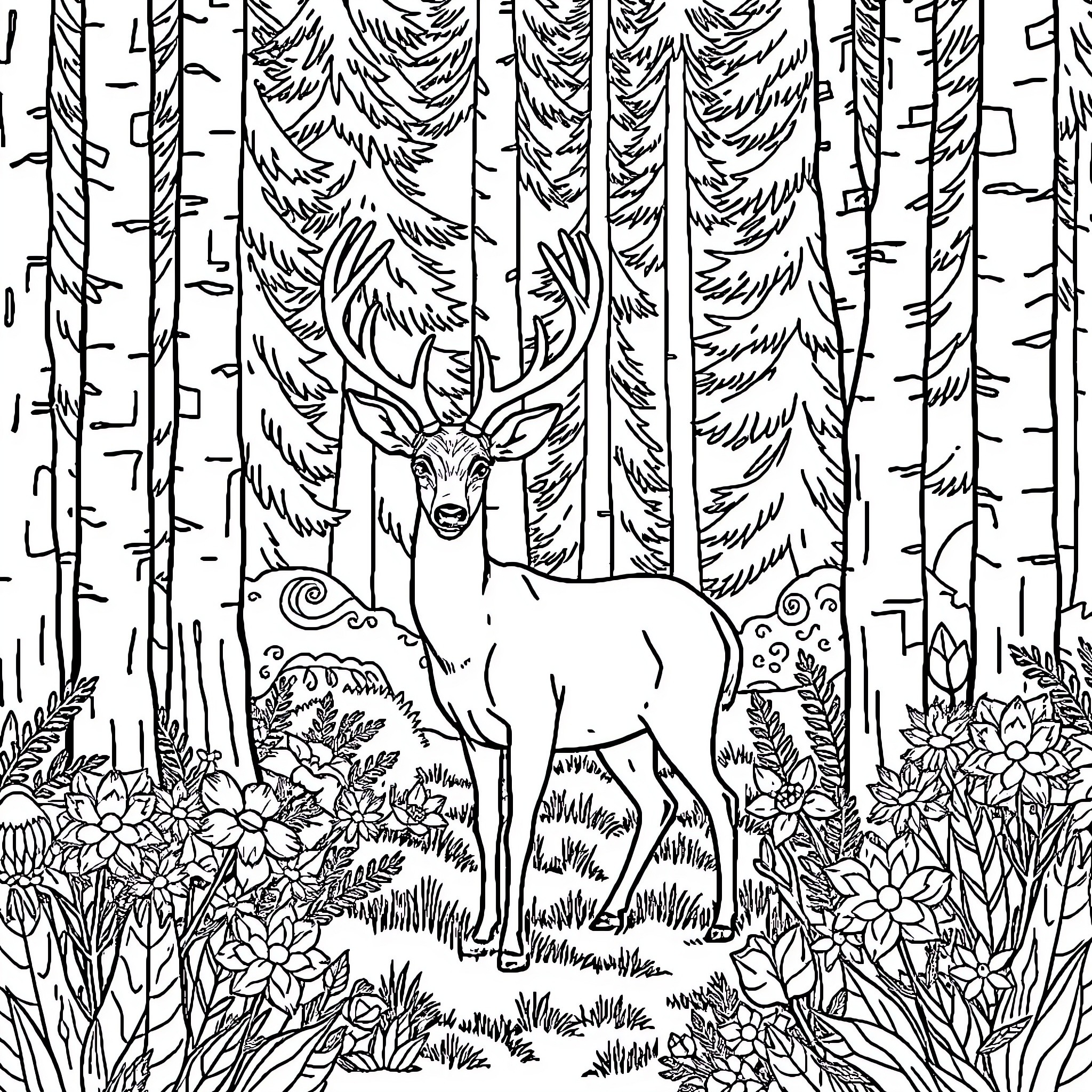 Deer standing amidst forest flowers and trees Coloring Page (free black-and-white line drawing printable PDF for all, from beginners to advanced learners, including children, teens, adults, and seniors)