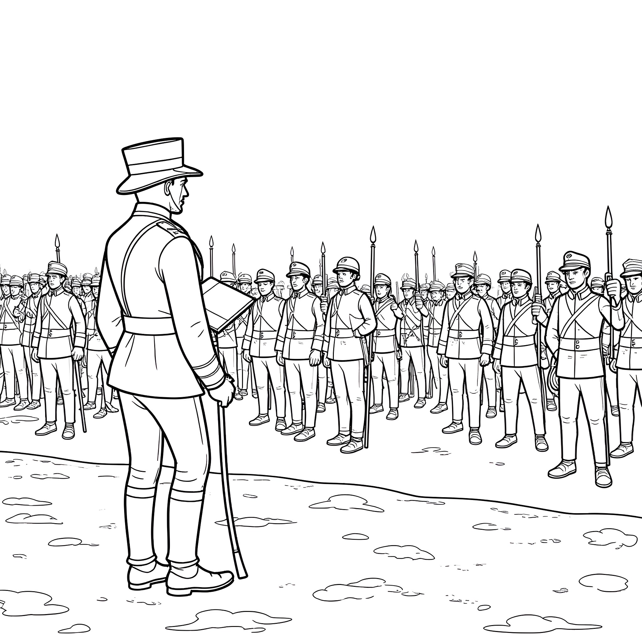 Juneteenth celebration with uniformed soldiers Coloring Page (free black-and-white line drawing printable PDF for all, from beginners to advanced learners, including children, teens, adults, and seniors)