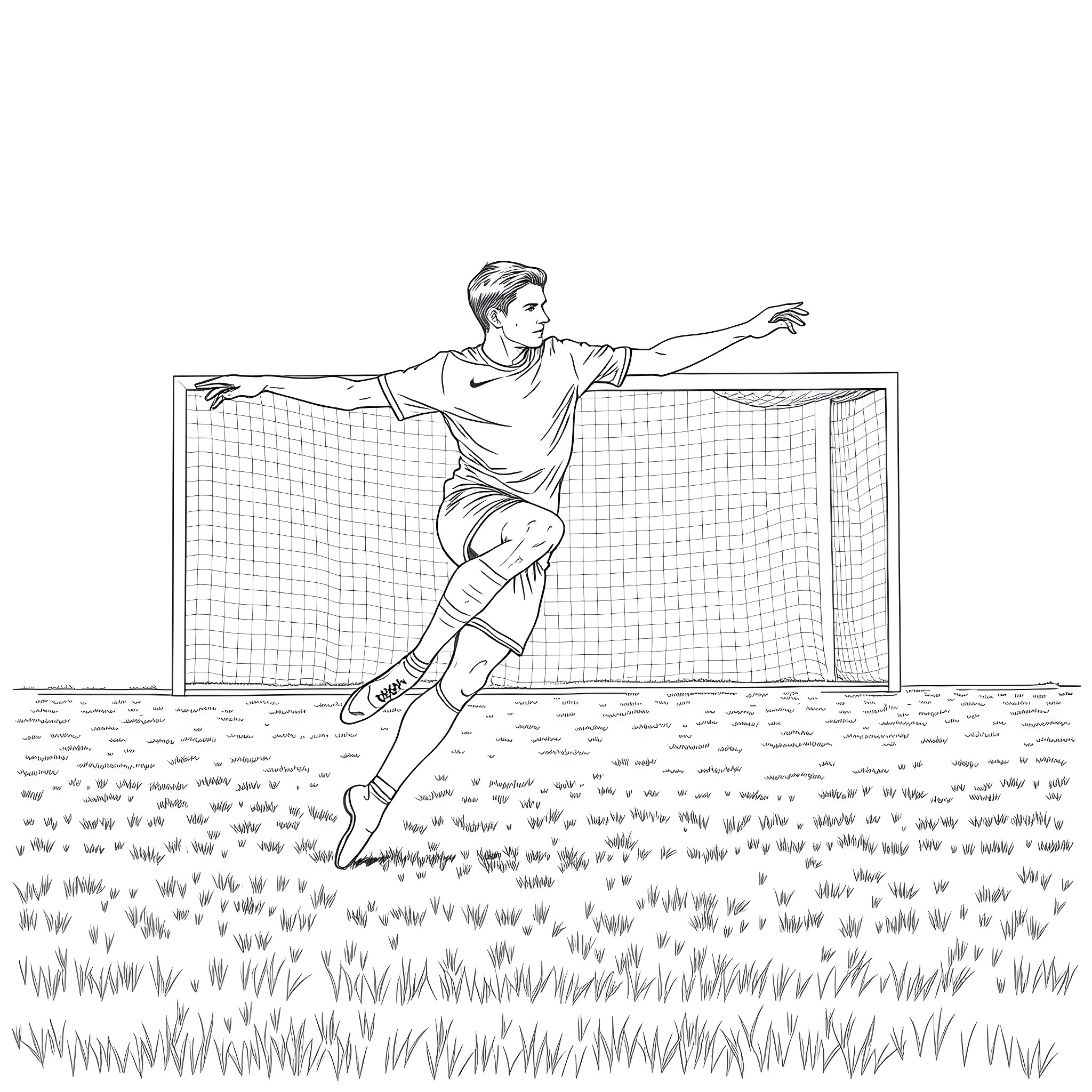 Footballer in action, celebrating a goal on the field Coloring Page (free black-and-white line drawing printable PDF for all, from beginners to advanced learners, including children, teens, adults, and seniors)