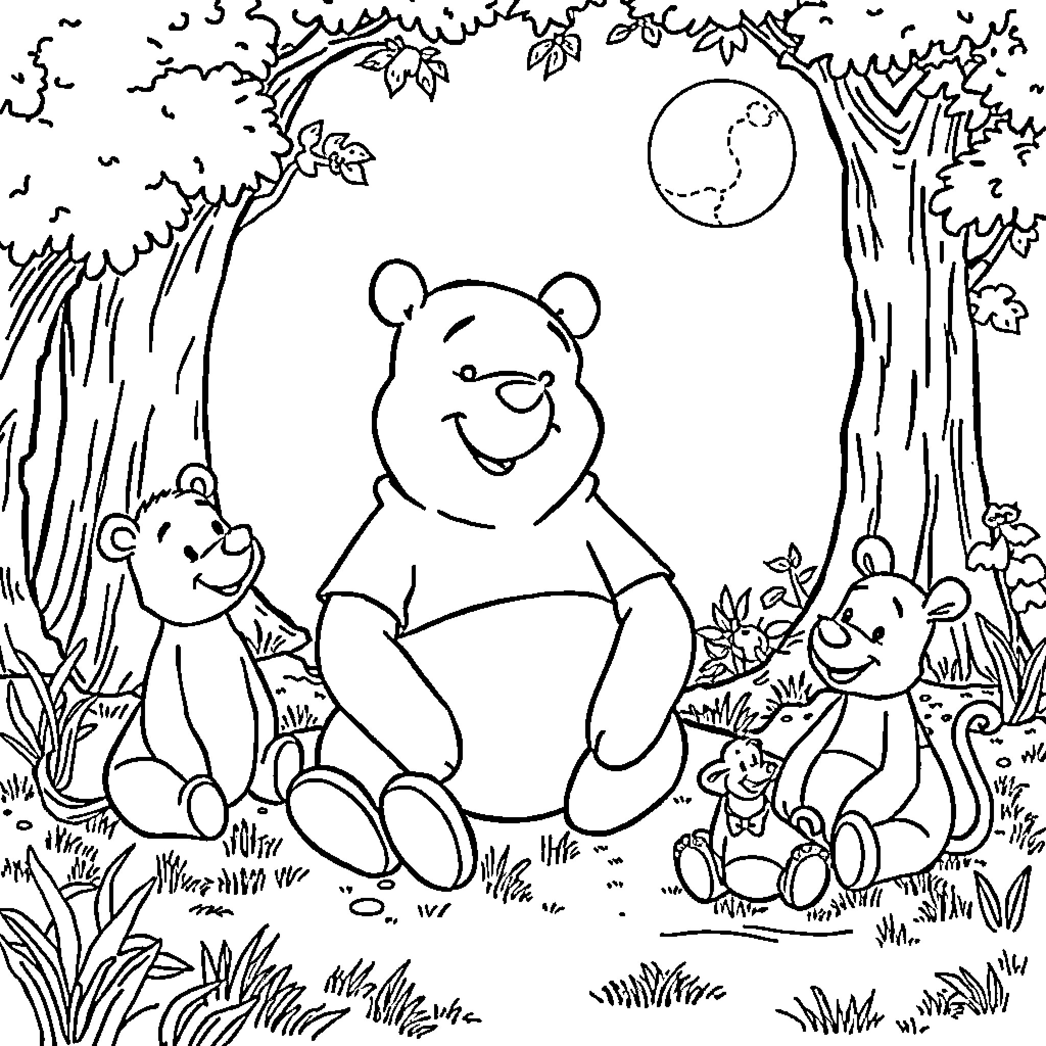 Winnie The Pooh enjoying a peaceful night in the forest Coloring Page (free black-and-white line drawing printable PDF for all, from beginners to advanced learners, including children, teens, adults, and seniors)