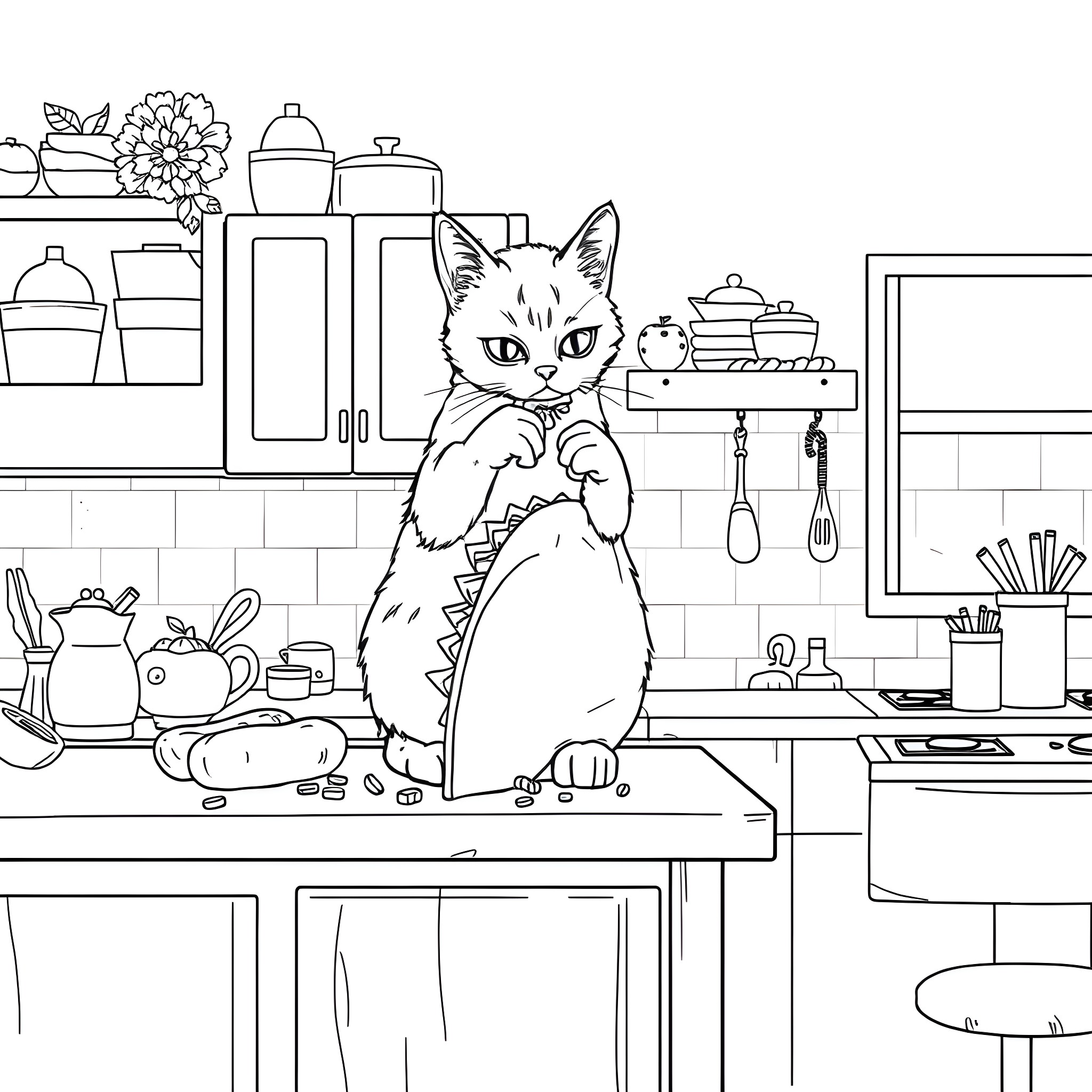 Cat observing kitchen counter with cooking utensils Coloring Page (free black-and-white line drawing printable PDF for all, from beginners to advanced learners, including children, teens, adults, and seniors)