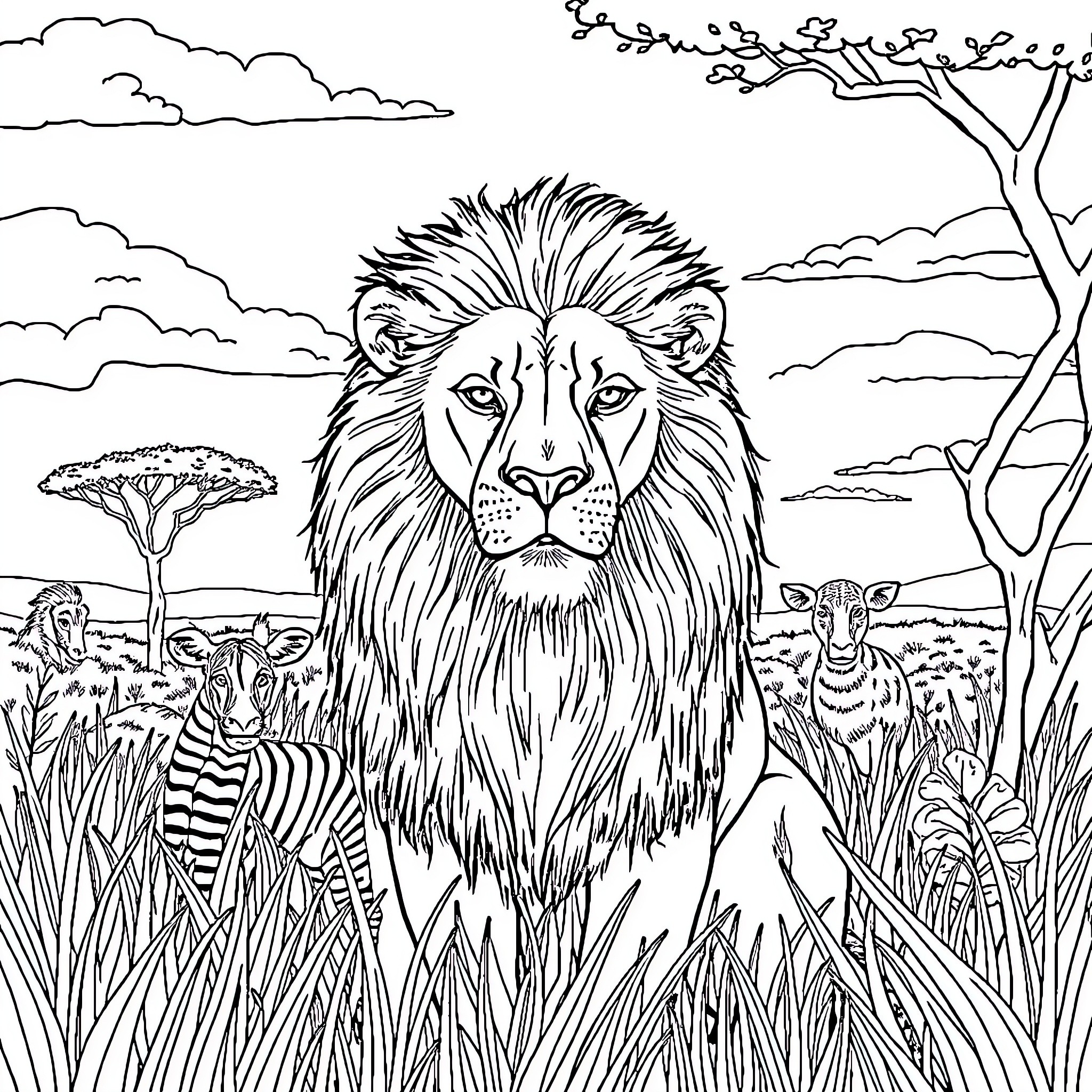 Animal in Savanna Landscape Coloring Page (free black-and-white line drawing printable PDF for all, from beginners to advanced learners, including children, teens, adults, and seniors)