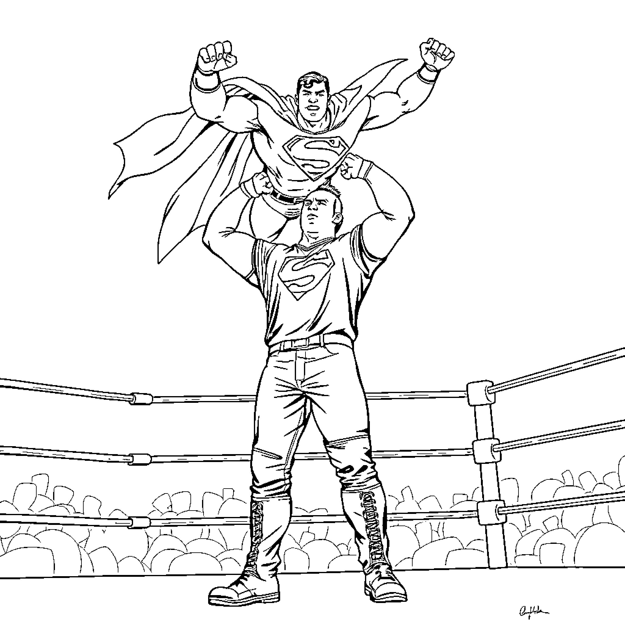 John Cena as Superhero in Wrestling Ring Coloring Page (free black-and-white line drawing printable PDF for all, from beginners to advanced learners, including children, teens, adults, and seniors)