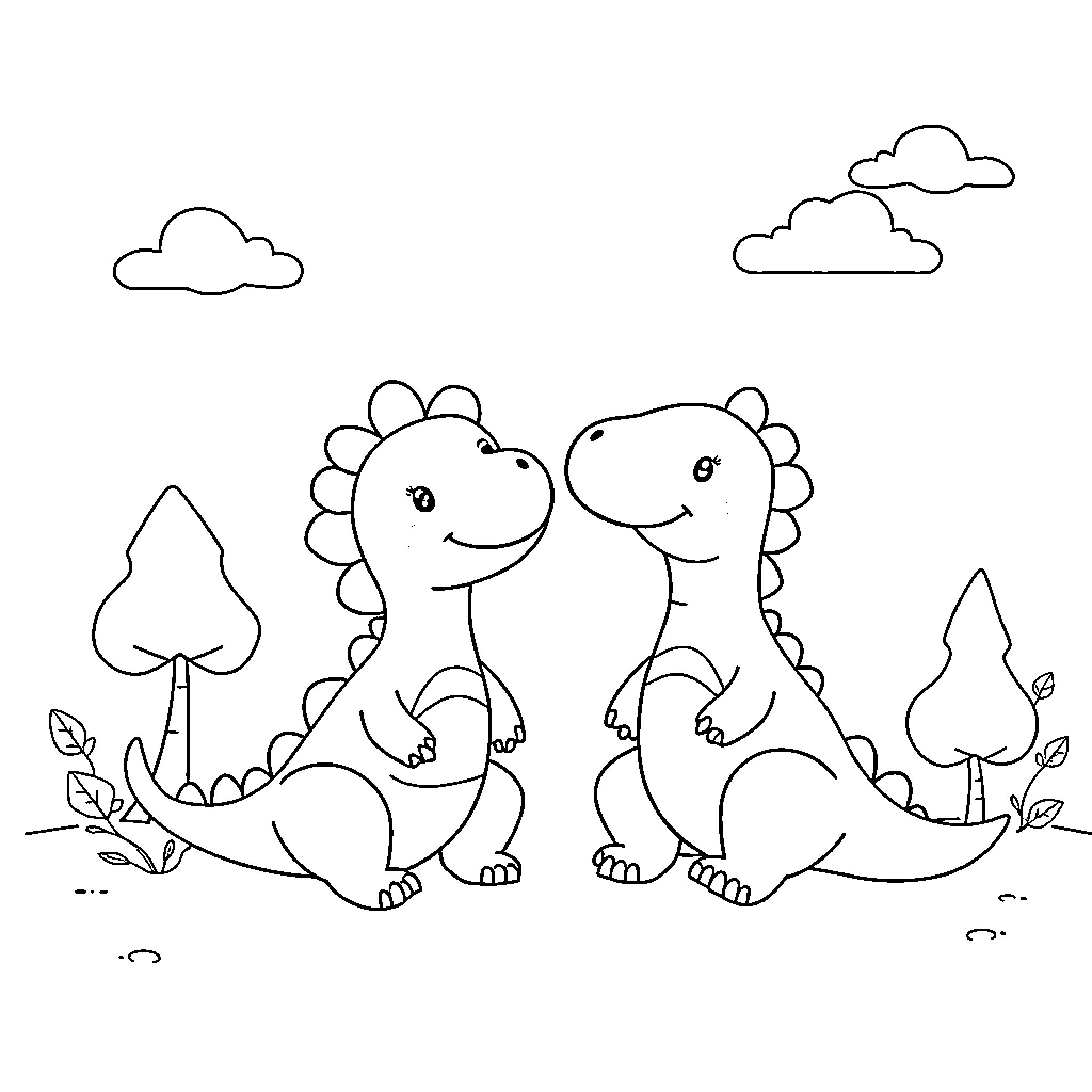 Dinosaur friends exploring the outdoors Coloring Page (free black-and-white line drawing printable PDF for all, from beginners to advanced learners, including children, teens, adults, and seniors)
