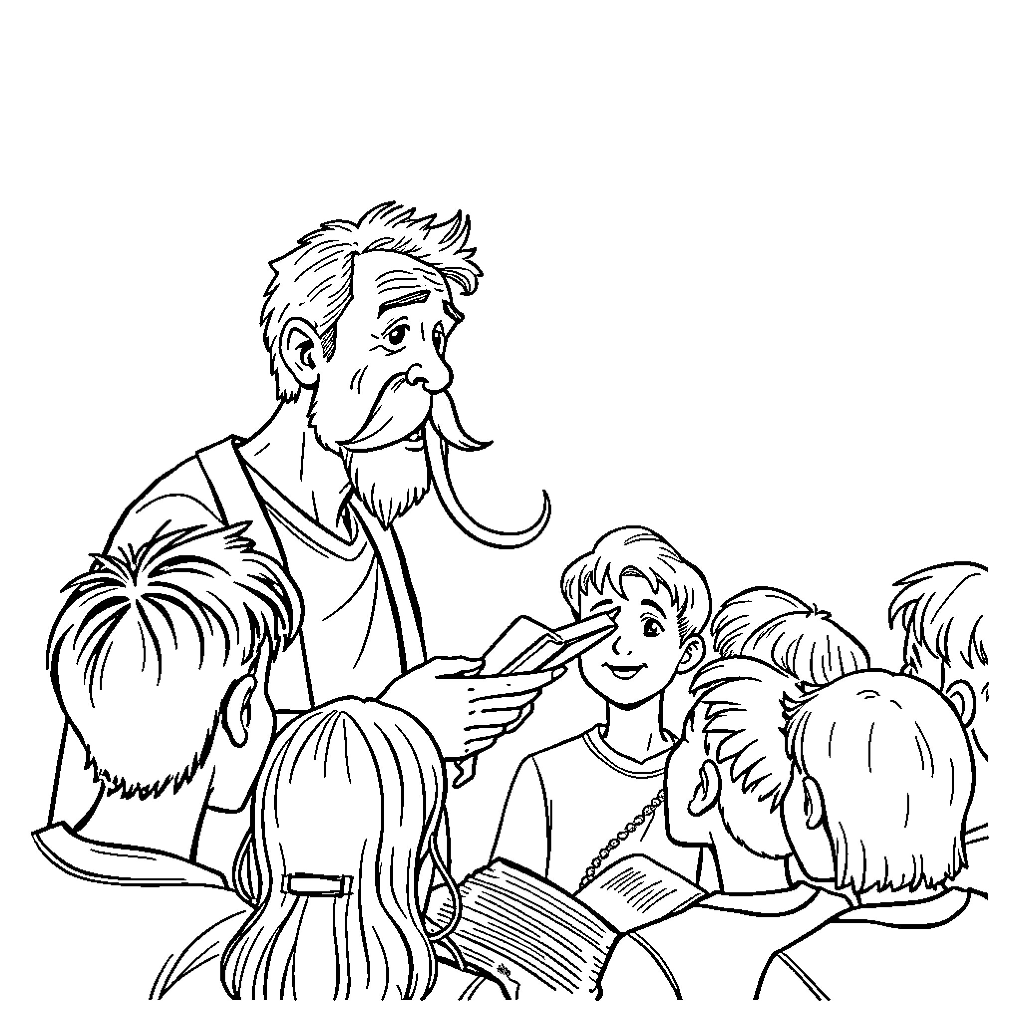 Man reading to children in classroom Coloring Page (free black-and-white line drawing printable PDF for all, from beginners to advanced learners, including children, teens, adults, and seniors)