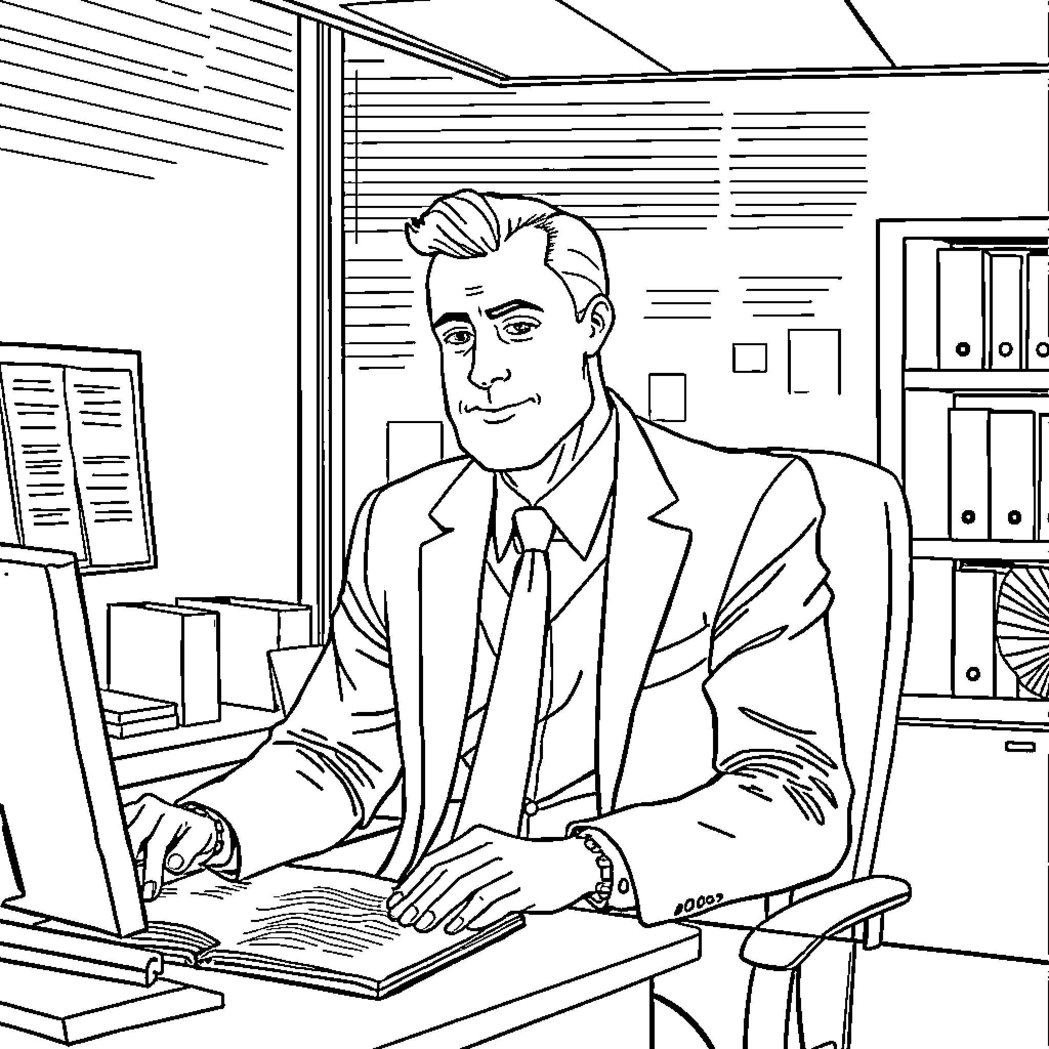 Lineman Working Diligently in Office Setting Coloring Page (free black-and-white line drawing printable PDF for all, from beginners to advanced learners, including children, teens, adults, and seniors)