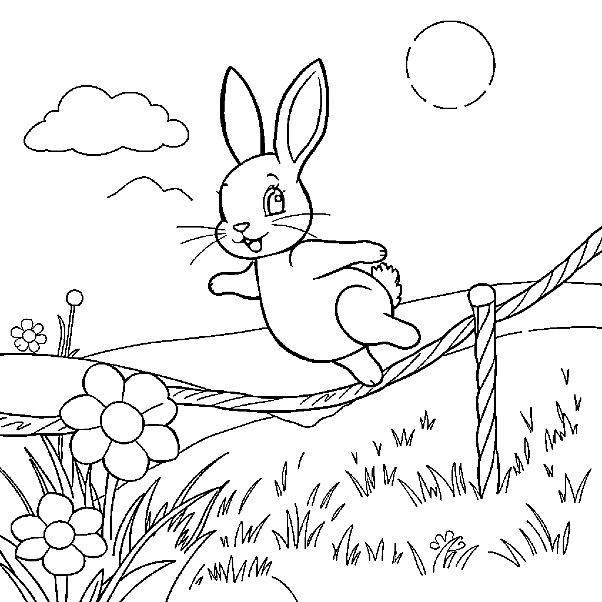 Bunny frolicking playfully in a lush outdoor scene Coloring Page (free black-and-white line drawing printable PDF for all, from beginners to advanced learners, including children, teens, adults, and seniors)