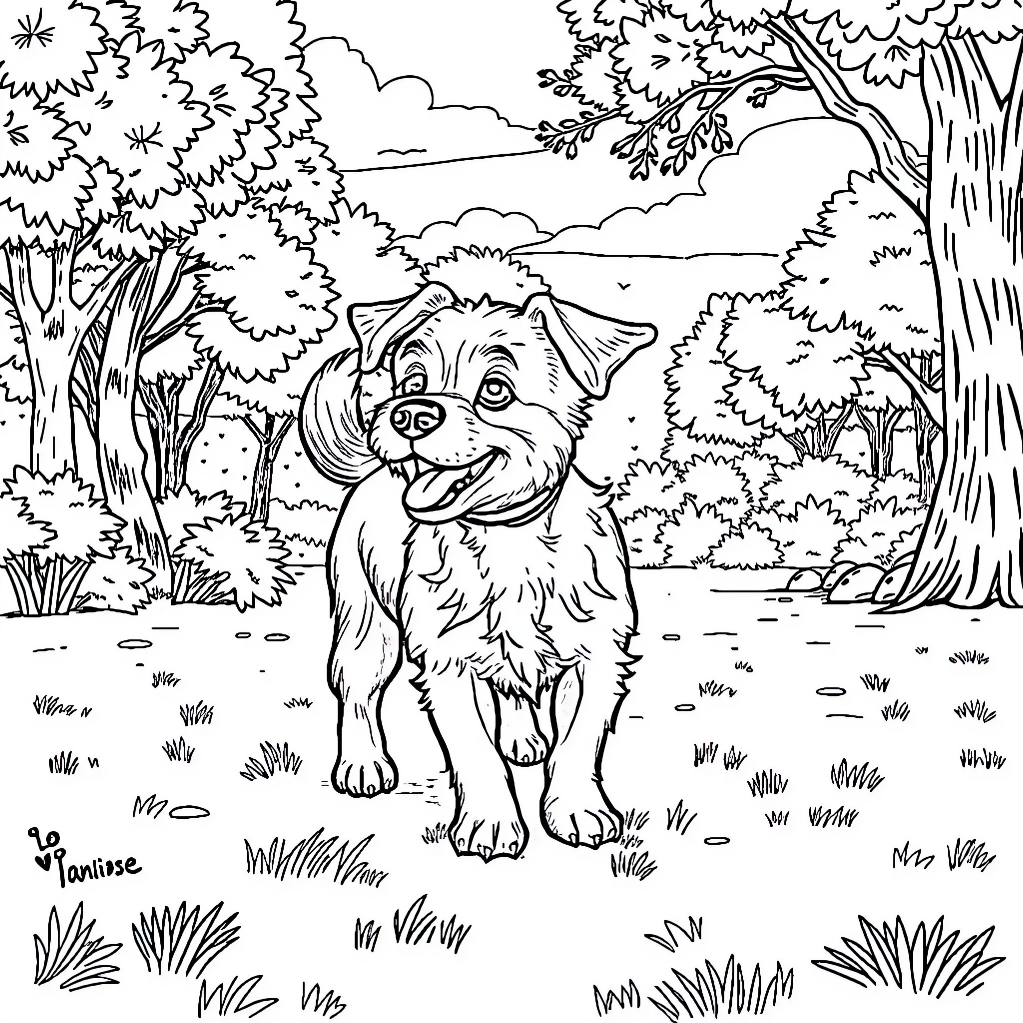 Dog exploring the lush forest landscape Coloring Page (free black-and-white line drawing printable PDF for all, from beginners to advanced learners, including children, teens, adults, and seniors)