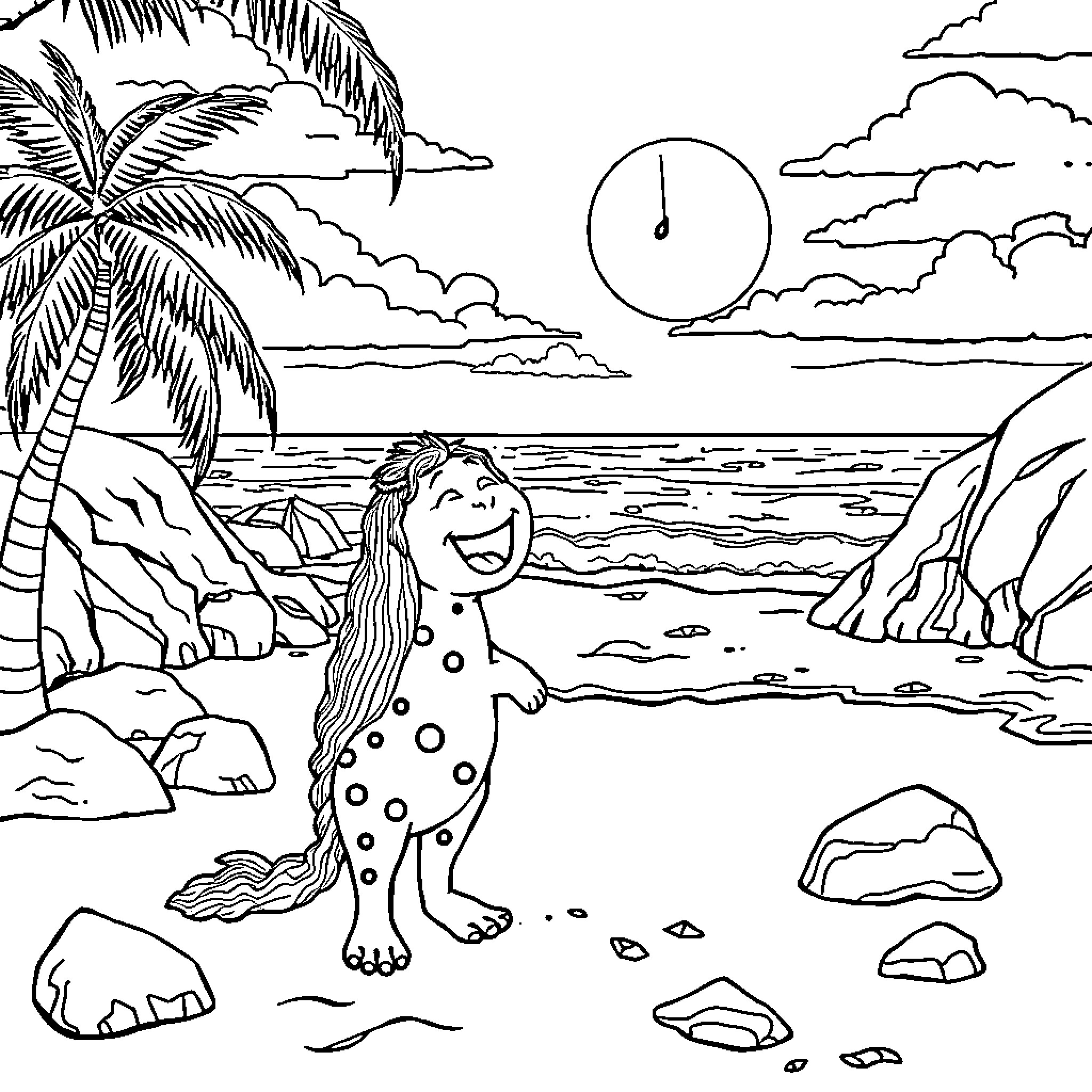 Tralalero: Carefree beachgoer enjoys tropical paradise Coloring Page (free black-and-white line drawing printable PDF for all, from beginners to advanced learners, including children, teens, adults, and seniors)