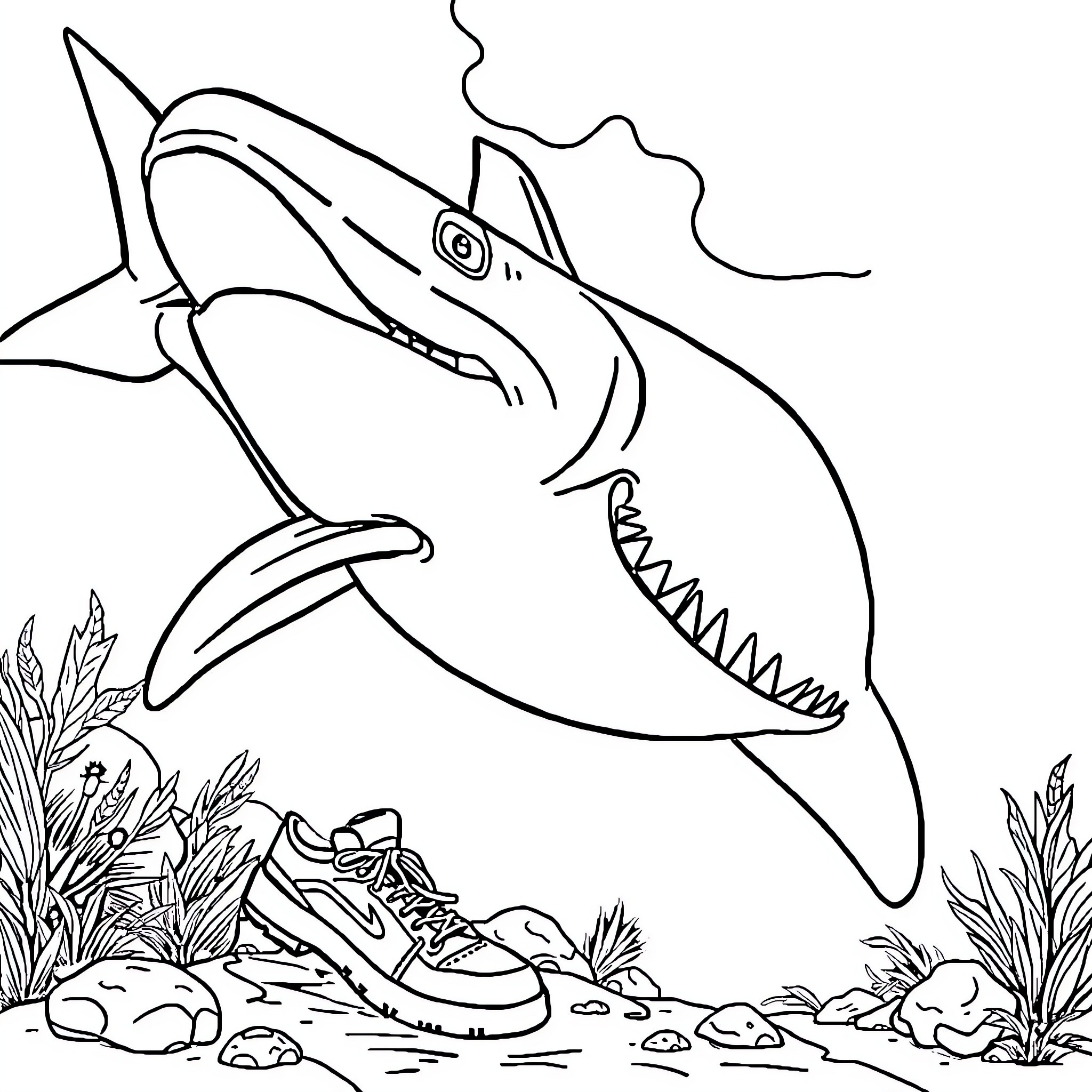 Shark with wide-open jaws near rocks and plants Coloring Page (free black-and-white line drawing printable PDF for all, from beginners to advanced learners, including children, teens, adults, and seniors)