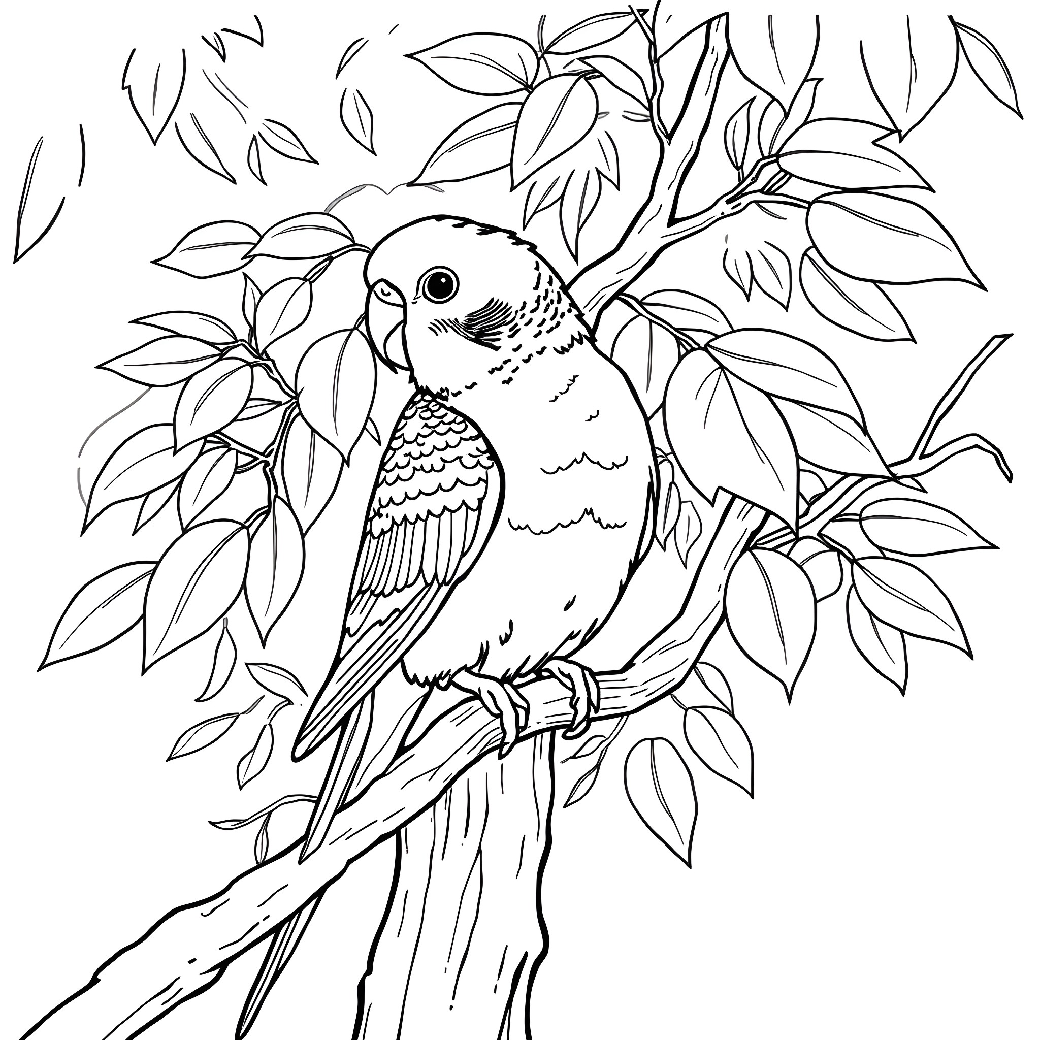 Budgerigar perched amidst lush foliage Coloring Page (free black-and-white line drawing printable PDF for all, from beginners to advanced learners, including children, teens, adults, and seniors)