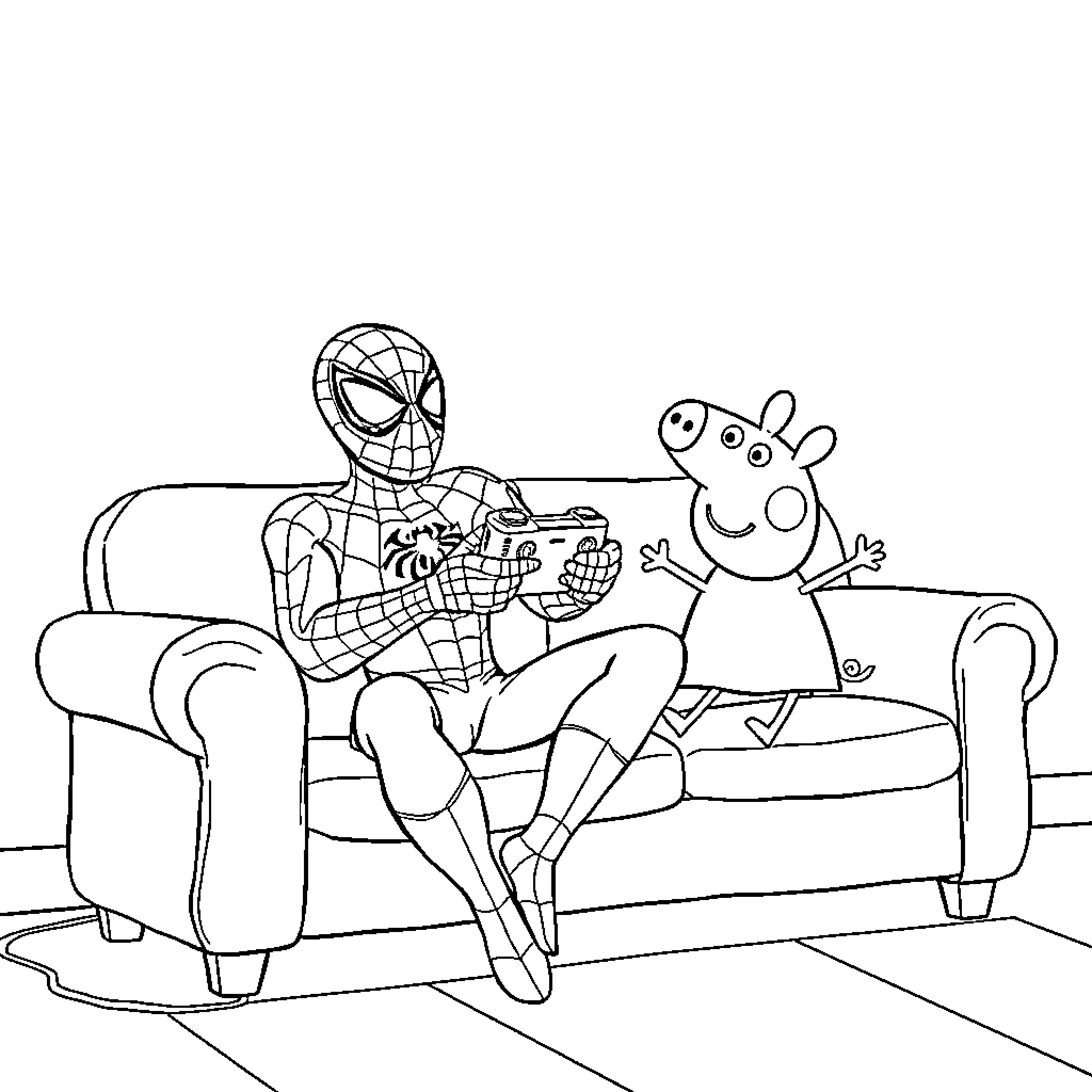 Spiderman relaxing with Peppa Pig on the couch Coloring Page (free black-and-white line drawing printable PDF for all, from beginners to advanced learners, including children, teens, adults, and seniors)