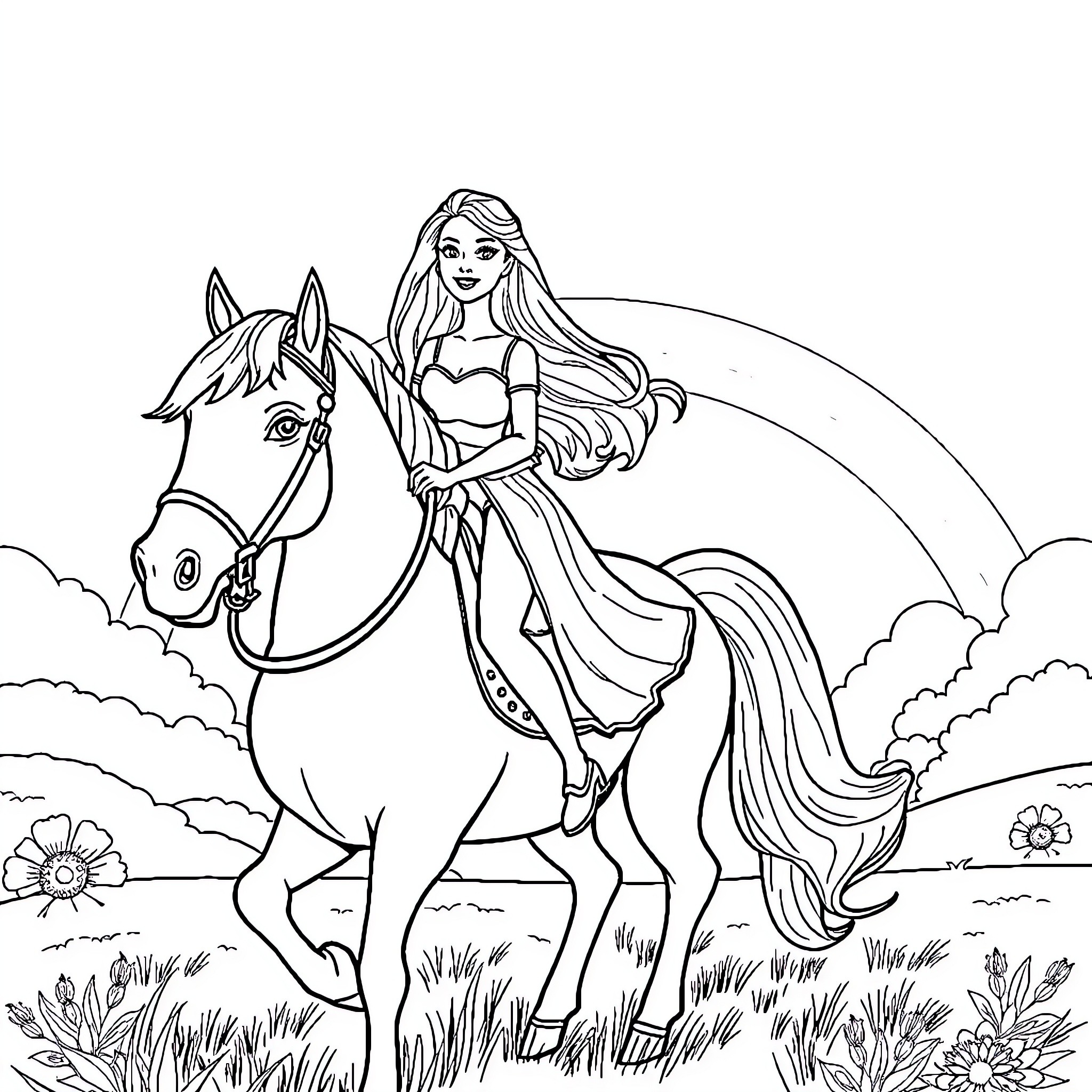 Barbie riding a majestic horse through a scenic landscape Coloring Page (free black-and-white line drawing printable PDF for all, from beginners to advanced learners, including children, teens, adults, and seniors)