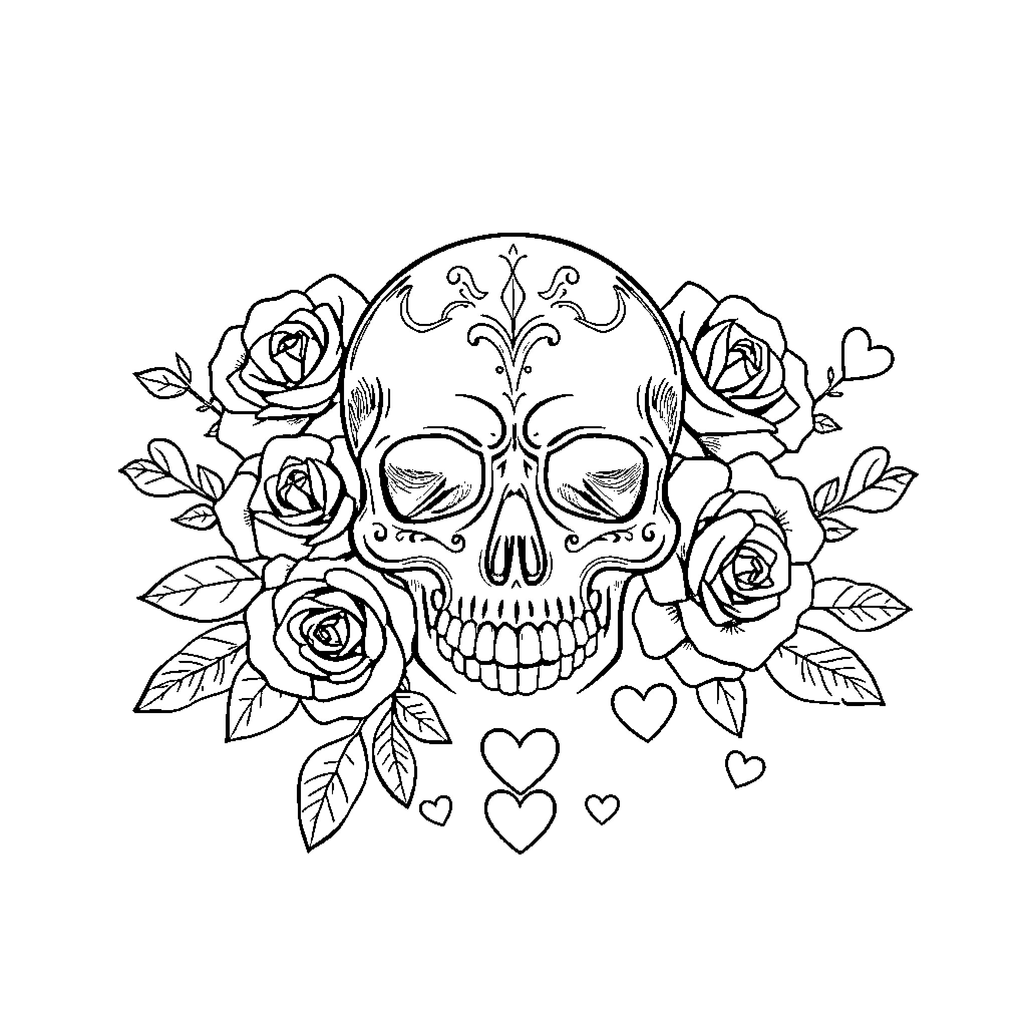 Skull adorned with ornate roses and hearts Coloring Page (free black-and-white line drawing printable PDF for all, from beginners to advanced learners, including children, teens, adults, and seniors)