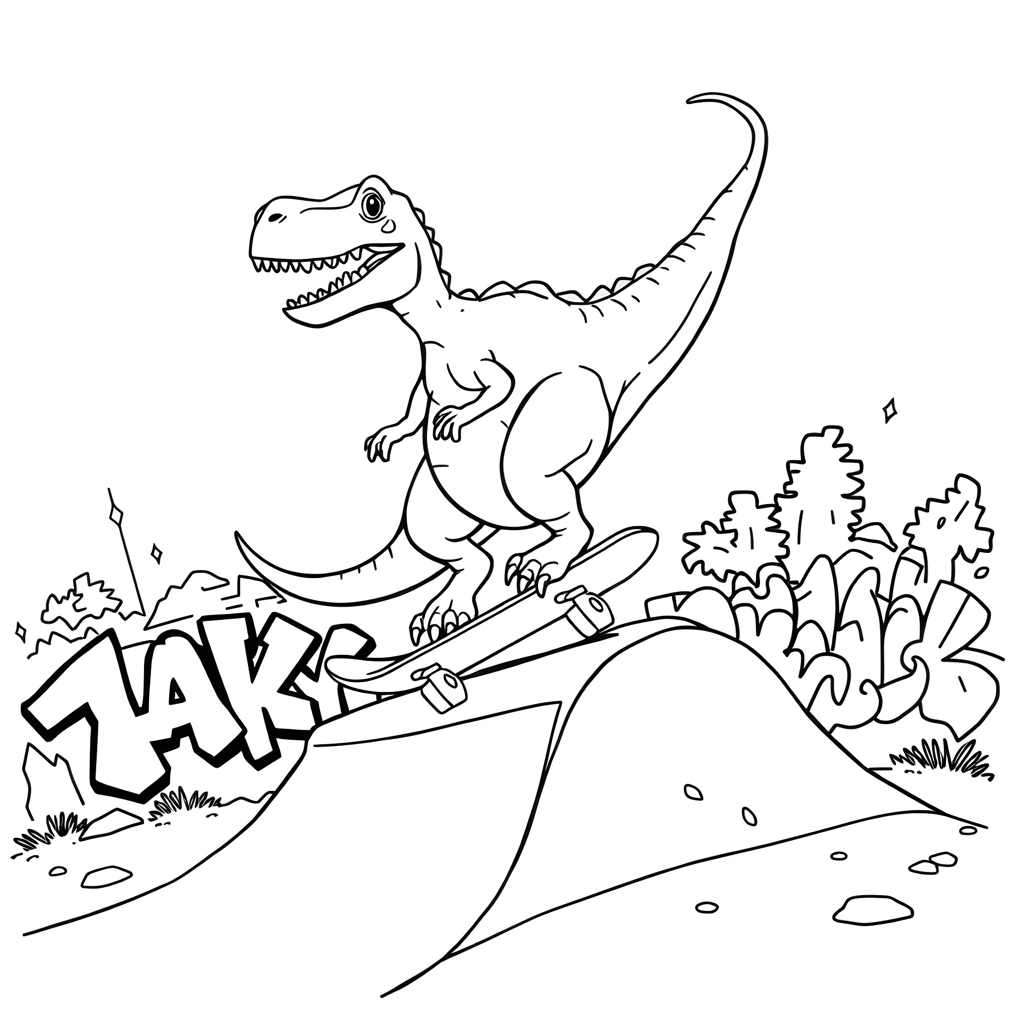 Dinosaur chasing skateboard on rocky terrain Coloring Page (free black-and-white line drawing printable PDF for all, from beginners to advanced learners, including children, teens, adults, and seniors)