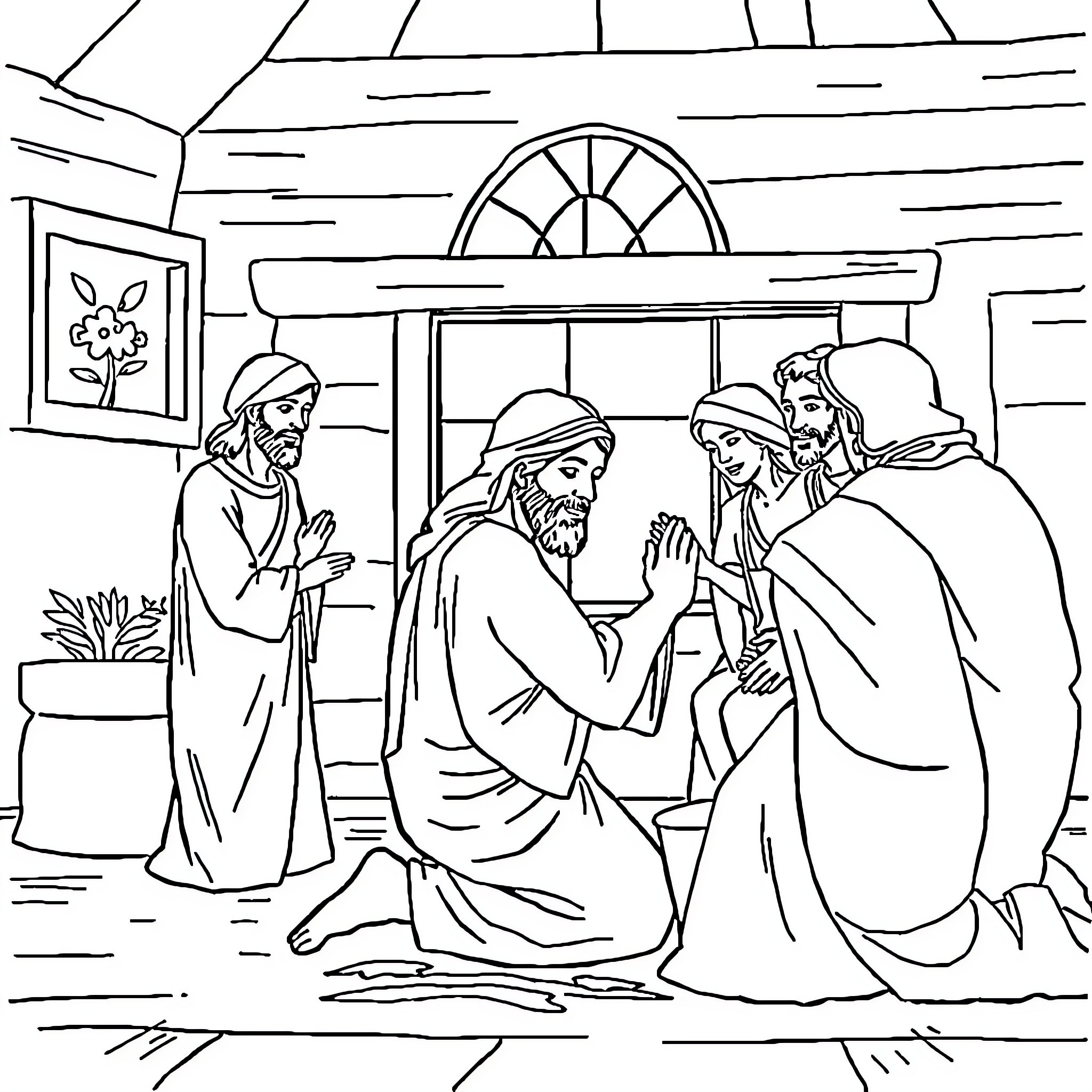 Jesus praying with his disciples in a humble home Coloring Page (free black-and-white line drawing printable PDF for all, from beginners to advanced learners, including children, teens, adults, and seniors)