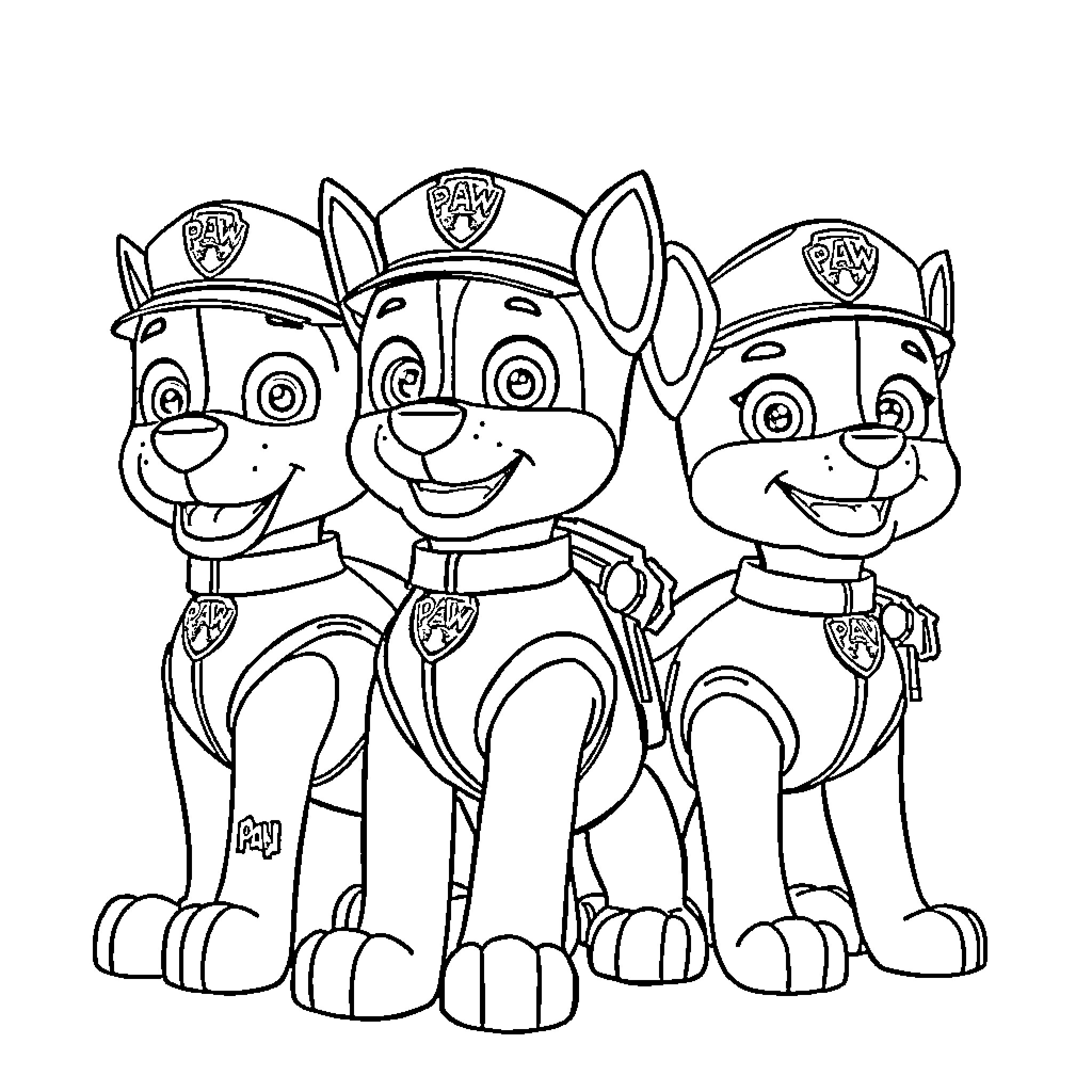 Paw Patrol Puppies Posing in Uniform Coloring Page (free black-and-white line drawing printable PDF for all, from beginners to advanced learners, including children, teens, adults, and seniors)