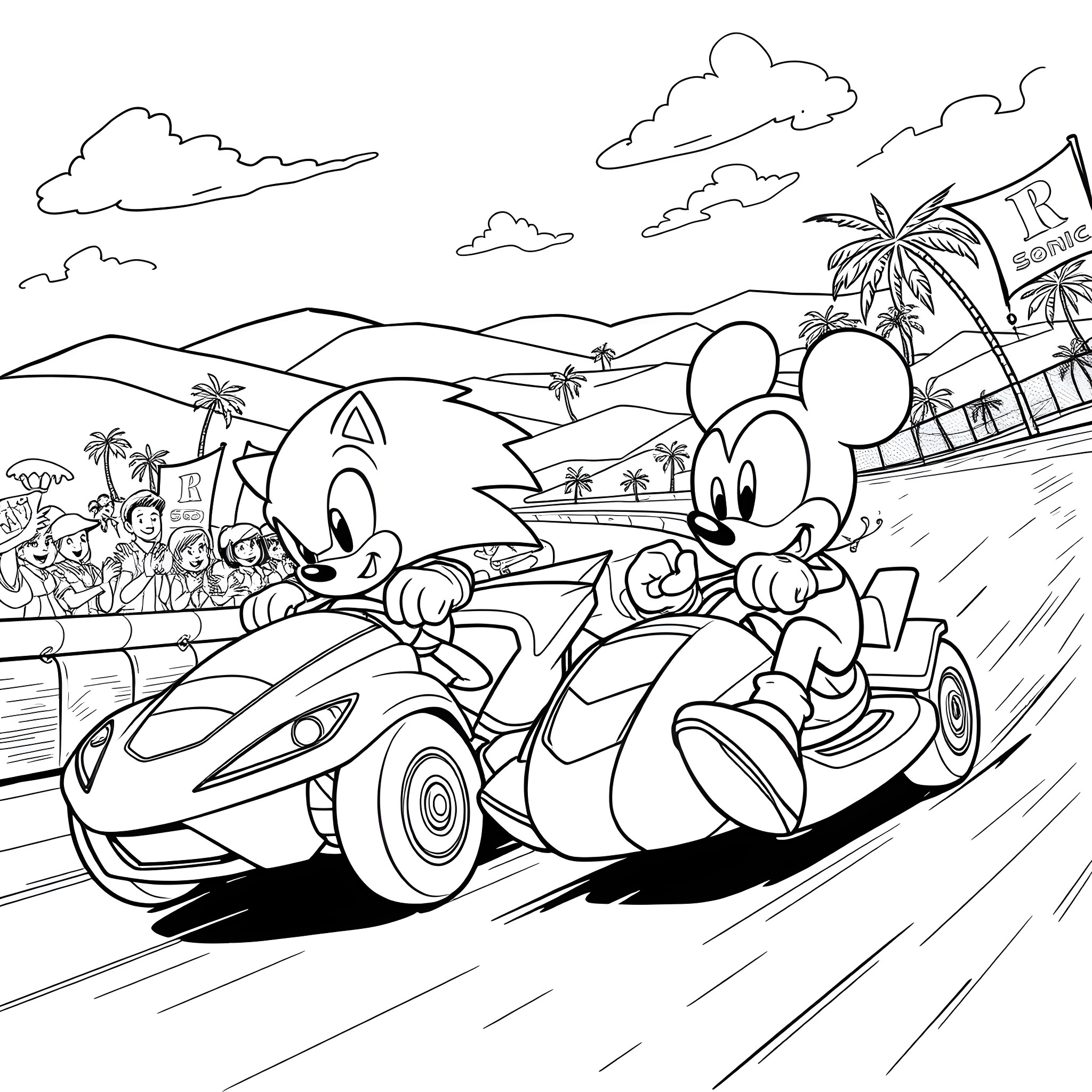 Sonic and Mickey Mouse racing on the beach Coloring Page (free black-and-white line drawing printable PDF for all, from beginners to advanced learners, including children, teens, adults, and seniors)
