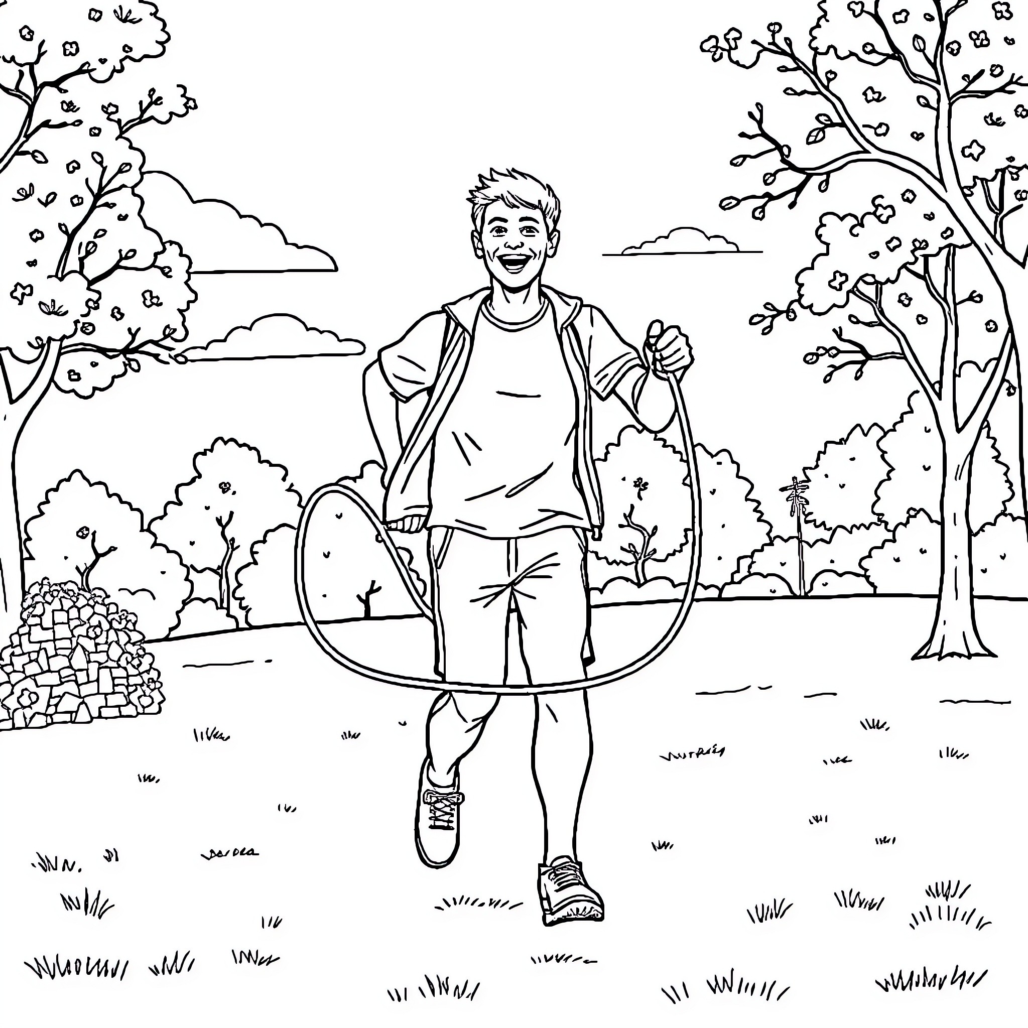 Man playing happily with hula hoop in nature Coloring Page (free black-and-white line drawing printable PDF for all, from beginners to advanced learners, including children, teens, adults, and seniors)