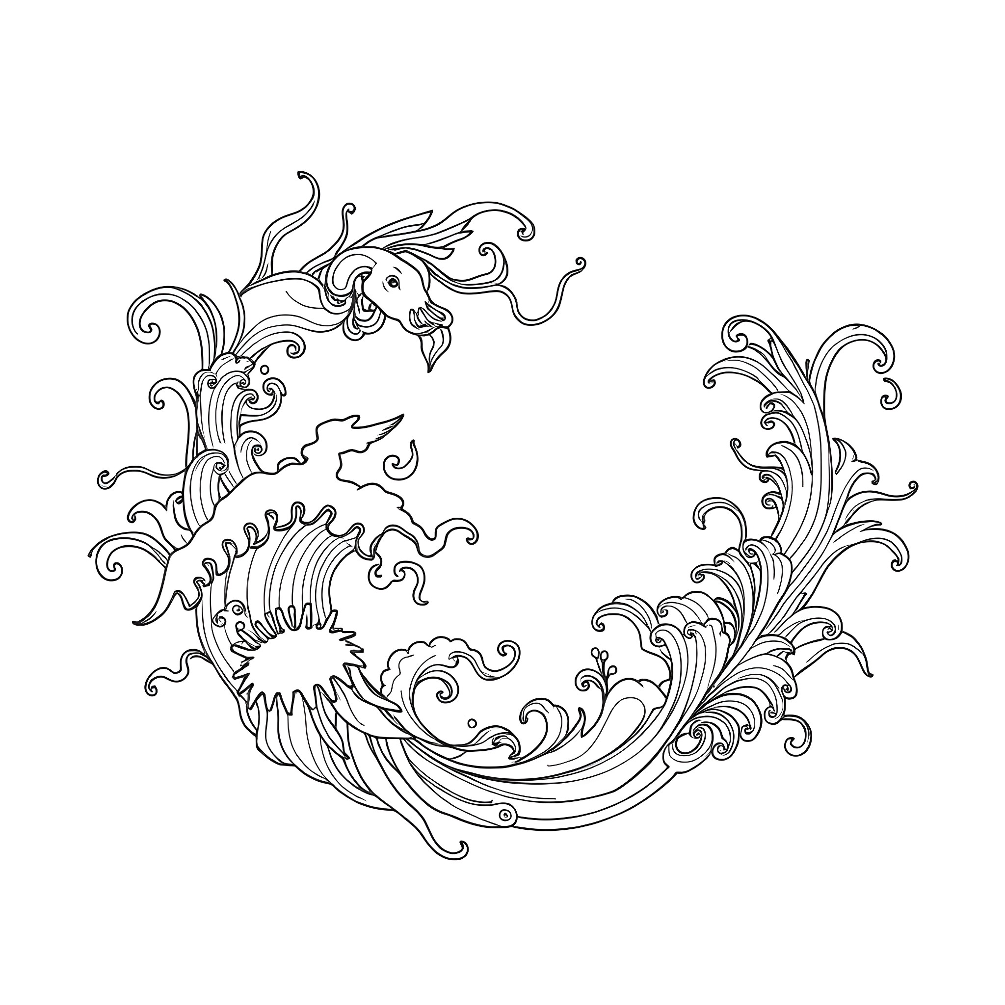 Mishipeshu: Mythical Creature Riding Ornate Waves Coloring Page (free black-and-white line drawing printable PDF for all, from beginners to advanced learners, including children, teens, adults, and seniors)