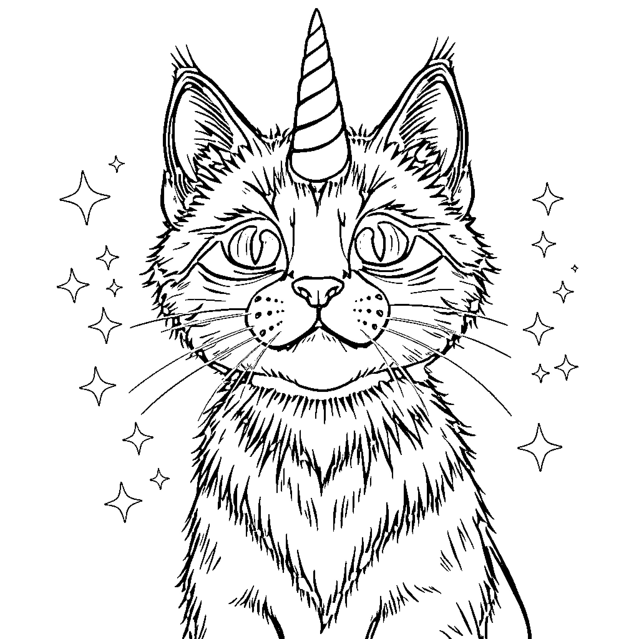 Cat Unicorn Magical Feline in Starry Night Coloring Page (free black-and-white line drawing printable PDF for all, from beginners to advanced learners, including children, teens, adults, and seniors)