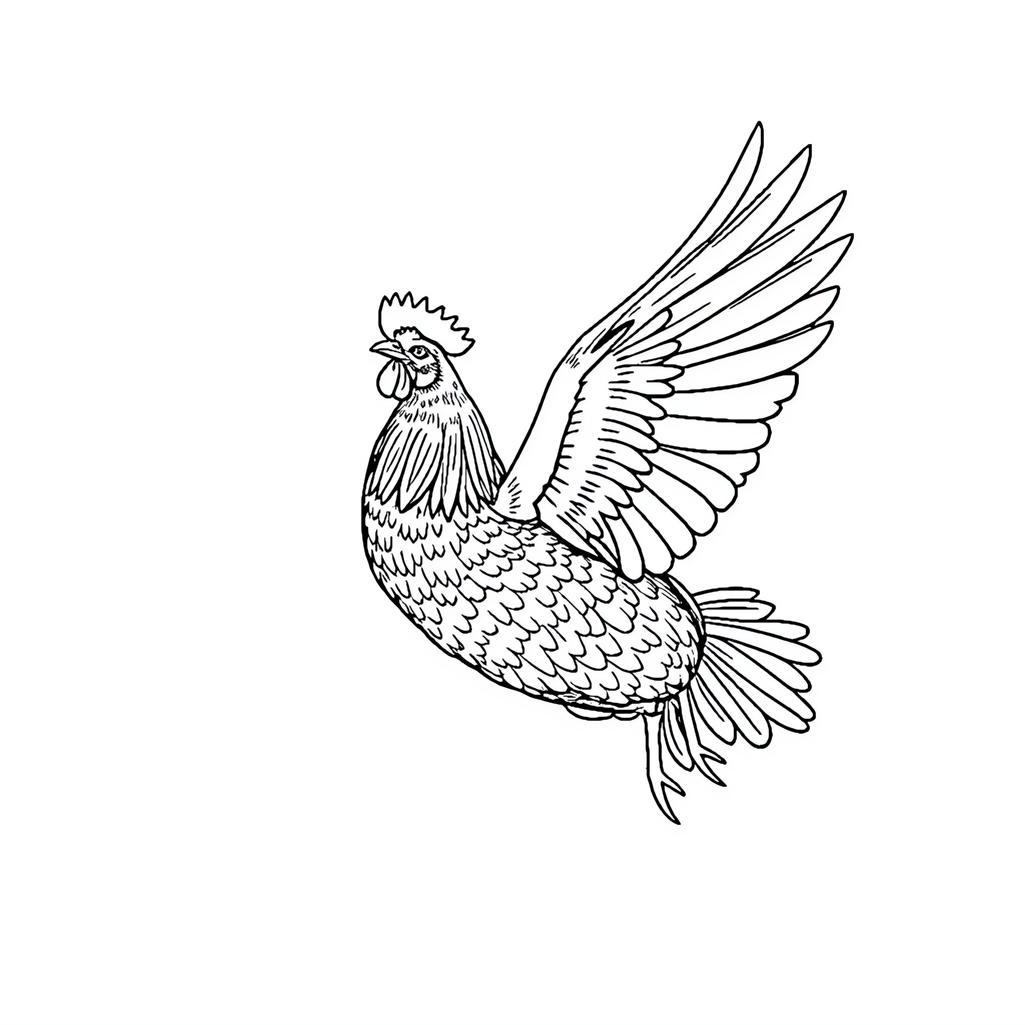 Chicken spreading its wings in flight Coloring Page (free black-and-white line drawing printable PDF for all, from beginners to advanced learners, including children, teens, adults, and seniors)