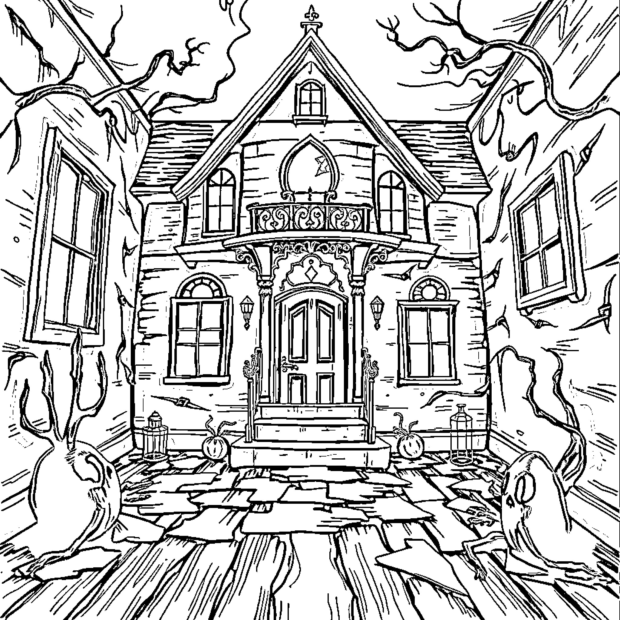 Haunted House with Spooky Atmosphere and Ominous Presence Coloring Page (free black-and-white line drawing printable PDF for all, from beginners to advanced learners, including children, teens, adults, and seniors)