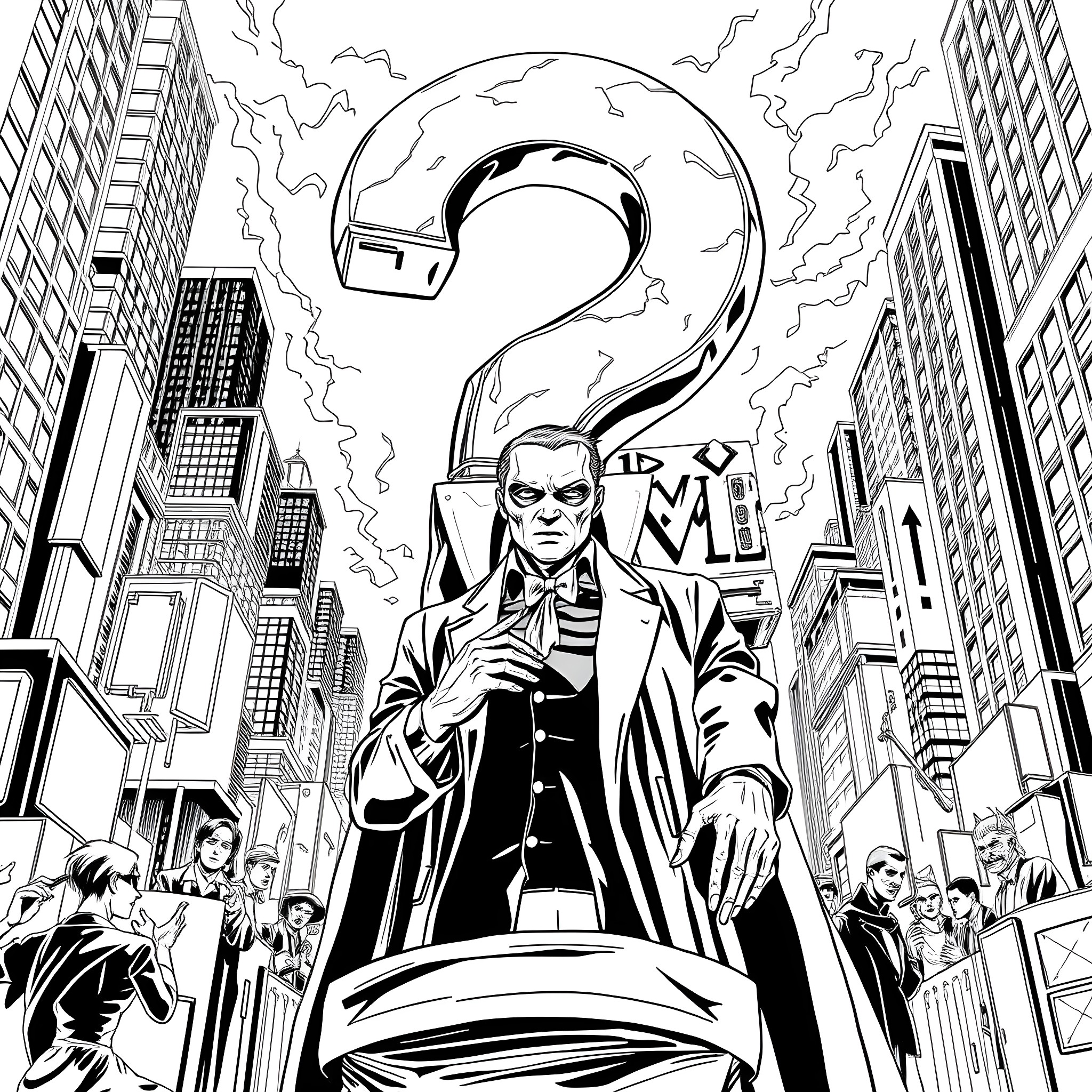 Riddler confronts the city in mystery and intrigue Coloring Page (free black-and-white line drawing printable PDF for all, from beginners to advanced learners, including children, teens, adults, and seniors)