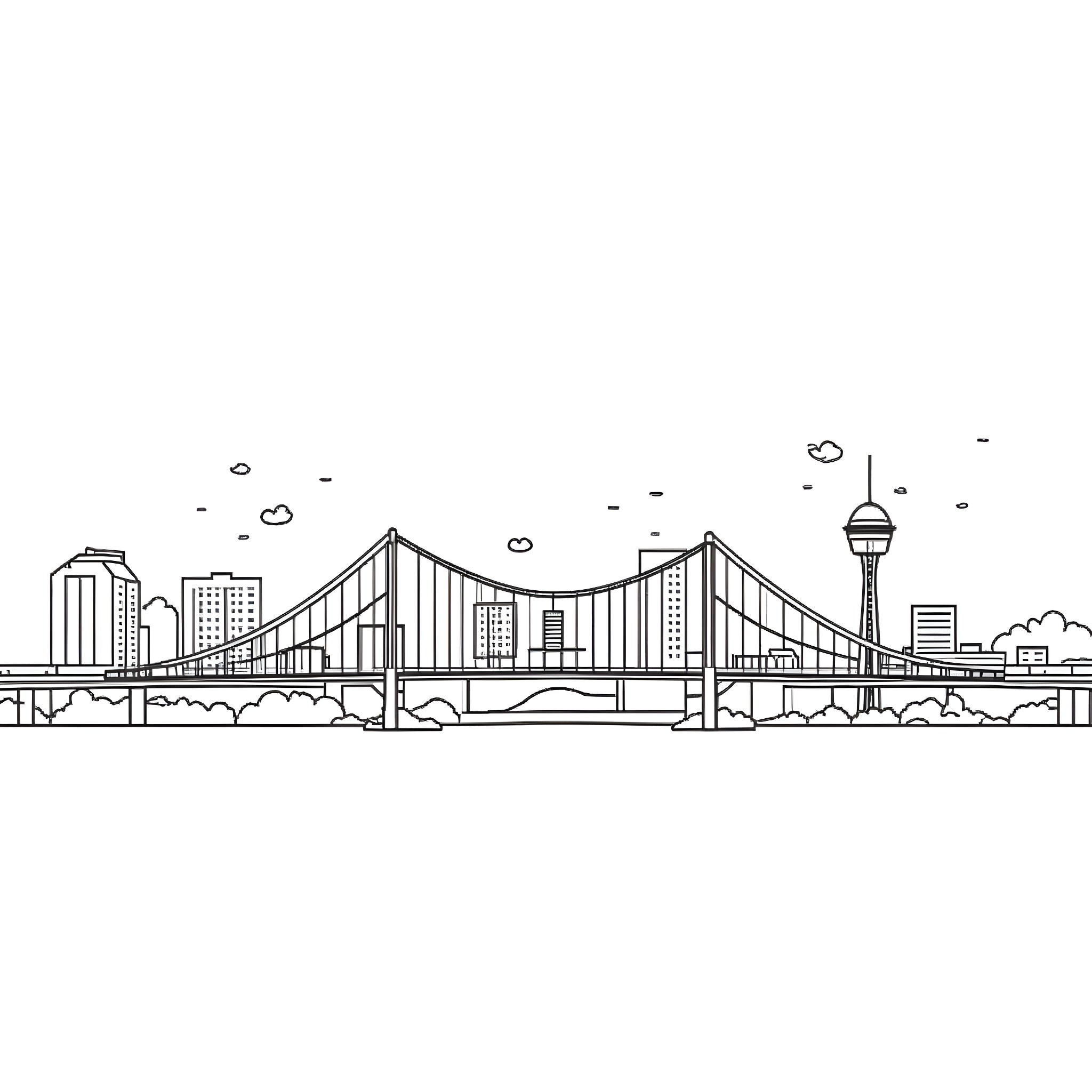 Sacramento Cityscape with Iconic Bridge and Skyline Coloring Page (free black-and-white line drawing printable PDF for all, from beginners to advanced learners, including children, teens, adults, and seniors)