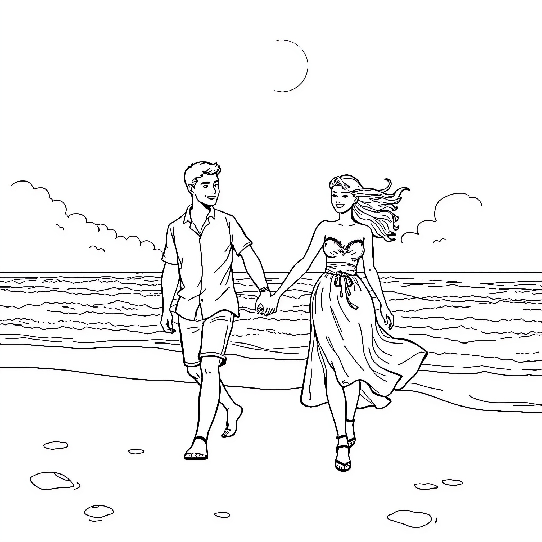 Couple enjoying a romantic walk by the moonlit beach Coloring Page (free black-and-white line drawing printable PDF for all, from beginners to advanced learners, including children, teens, adults, and seniors)