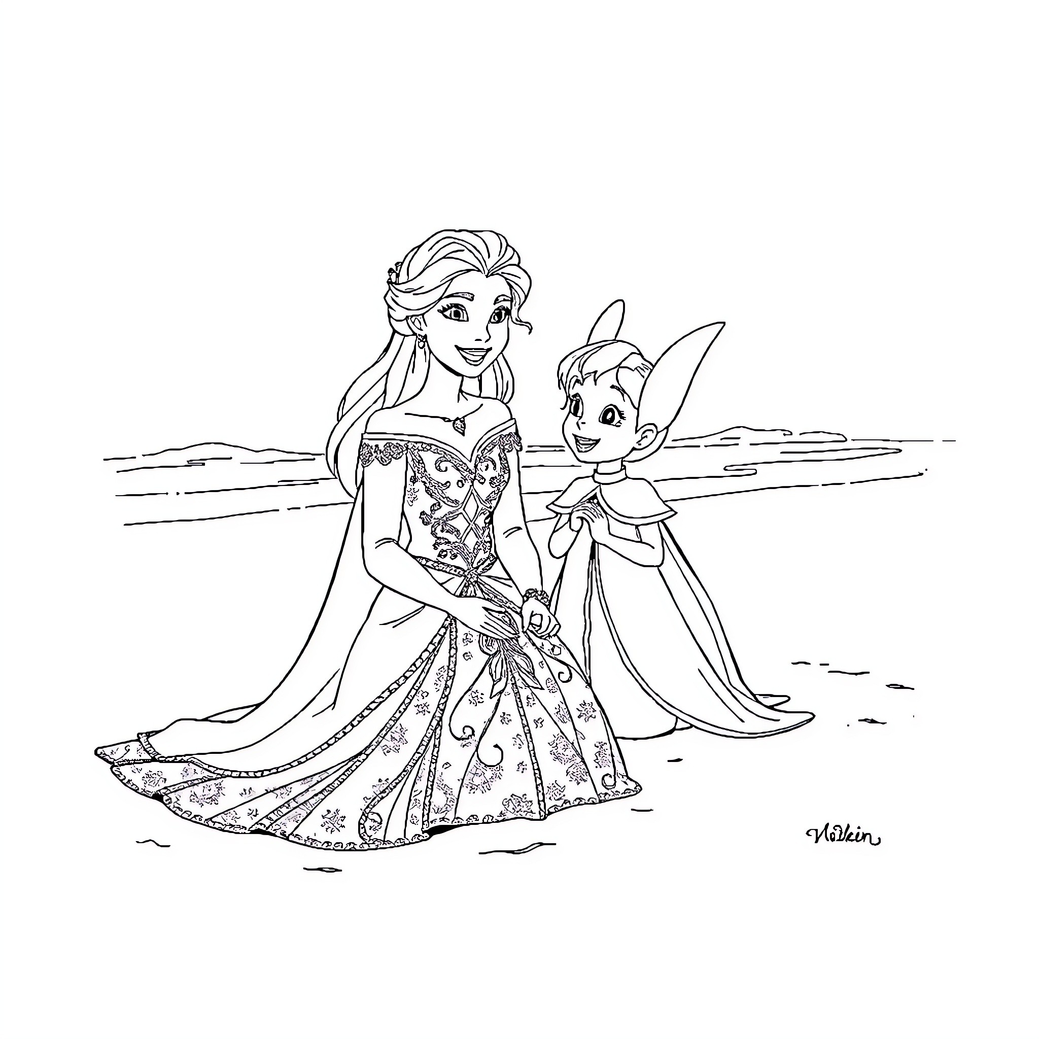 Queen and fairy in enchanting encounter Coloring Page (free black-and-white line drawing printable PDF for all, from beginners to advanced learners, including children, teens, adults, and seniors)