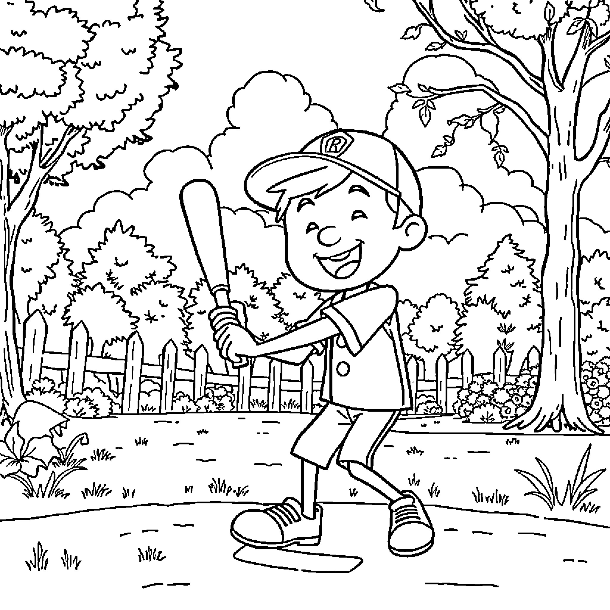 Greg playing baseball happily in the park Coloring Page (free black-and-white line drawing printable PDF for all, from beginners to advanced learners, including children, teens, adults, and seniors)