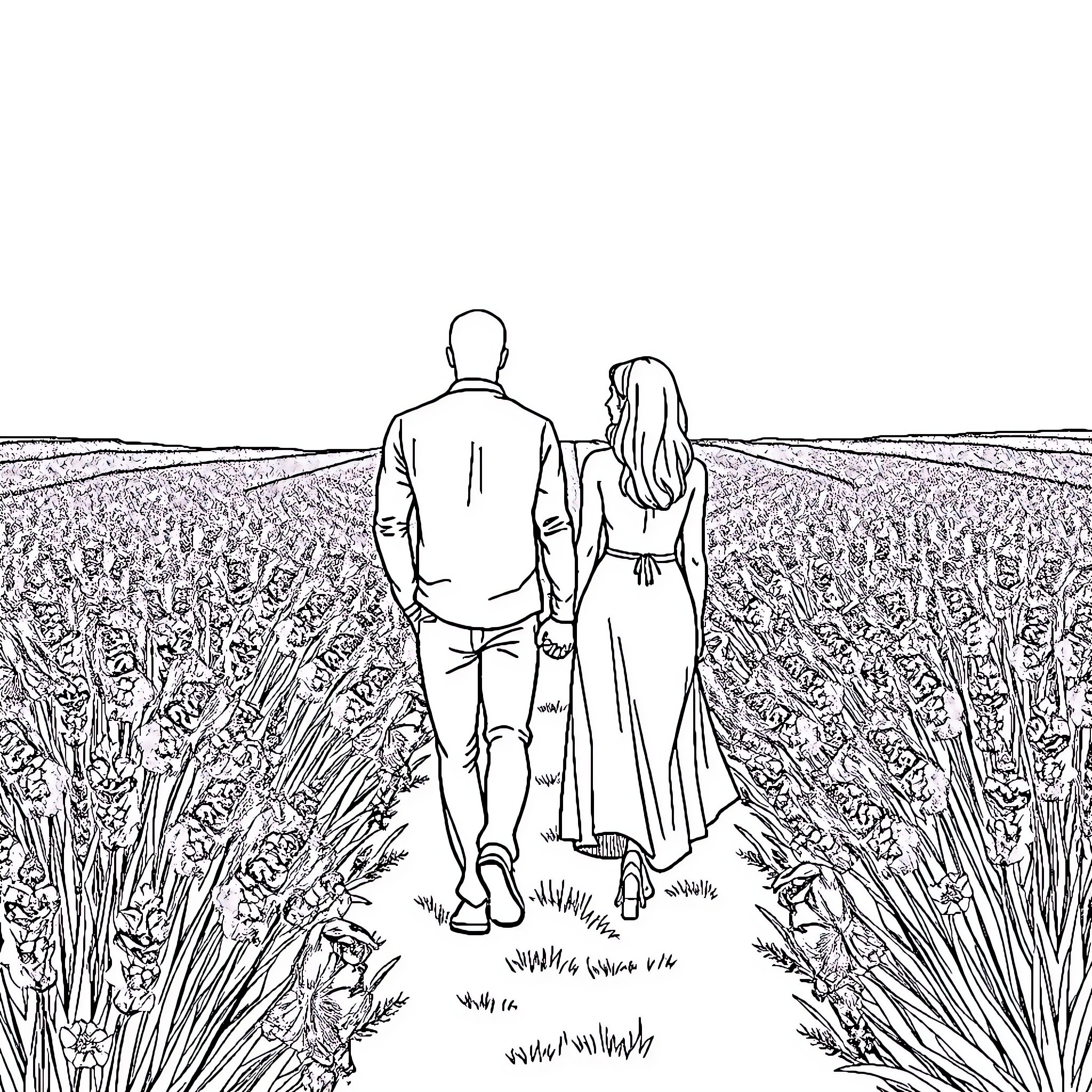 Couple enjoying a romantic stroll through the meadow Coloring Page (free black-and-white line drawing printable PDF for all, from beginners to advanced learners, including children, teens, adults, and seniors)