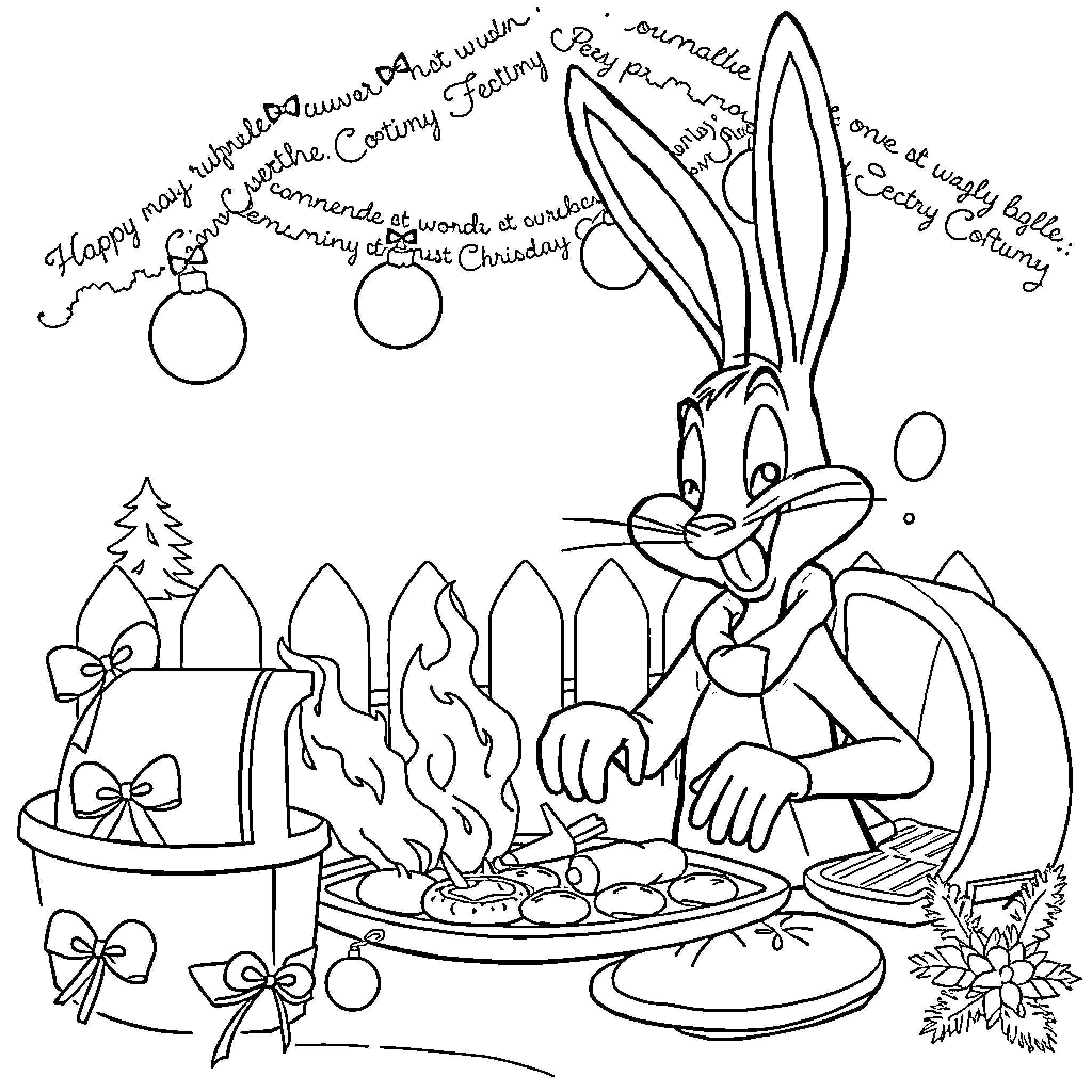 Roger Rabbit cooking a festive meal near a cozy fireplace Coloring Page (free black-and-white line drawing printable PDF for all, from beginners to advanced learners, including children, teens, adults, and seniors)