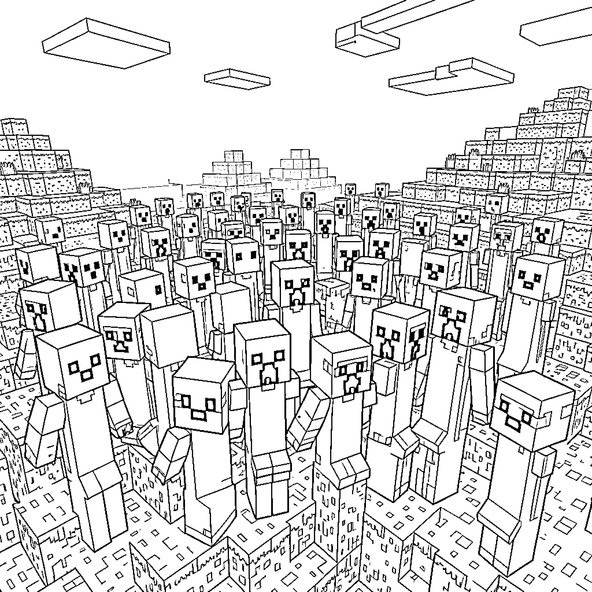 Creeper horde standing together in a blocky landscape Coloring Page (free black-and-white line drawing printable PDF for all, from beginners to advanced learners, including children, teens, adults, and seniors)