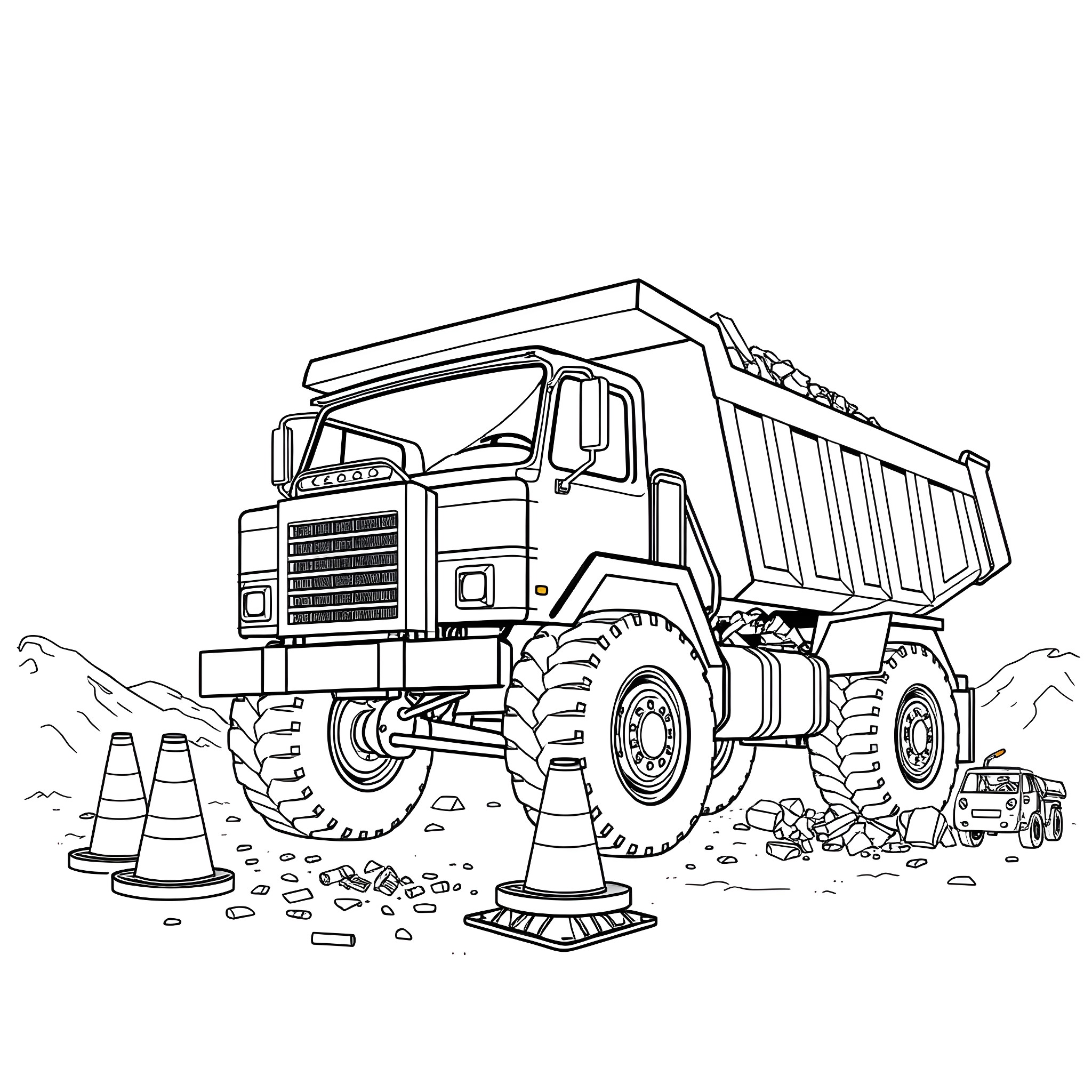 Dump Truck Transporting Debris at Construction Site Coloring Page (free black-and-white line drawing printable PDF for all, from beginners to advanced learners, including children, teens, adults, and seniors)
