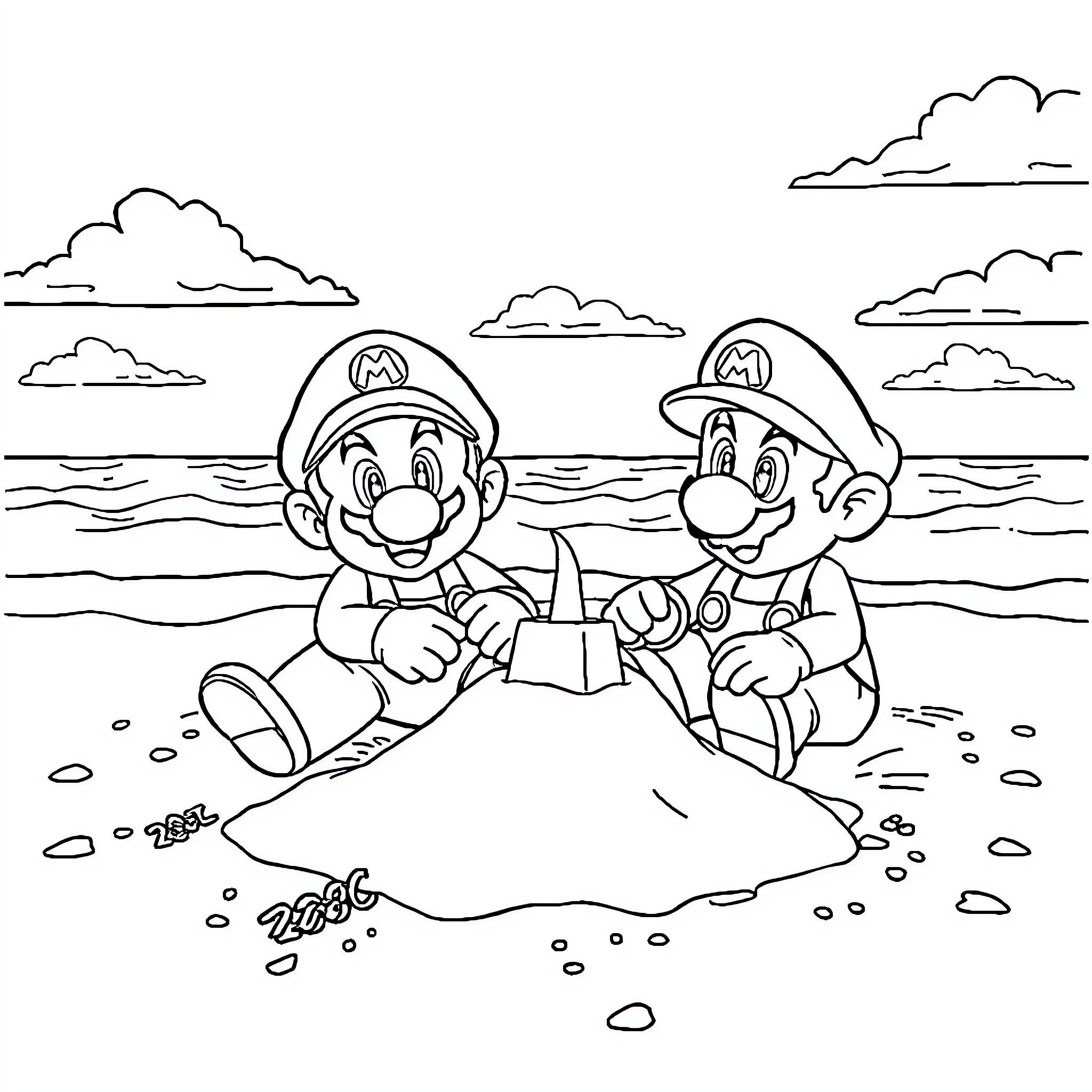 Mario and Luigi Playing on the Beach Coloring Page (free black-and-white line drawing printable PDF for all, from beginners to advanced learners, including children, teens, adults, and seniors)