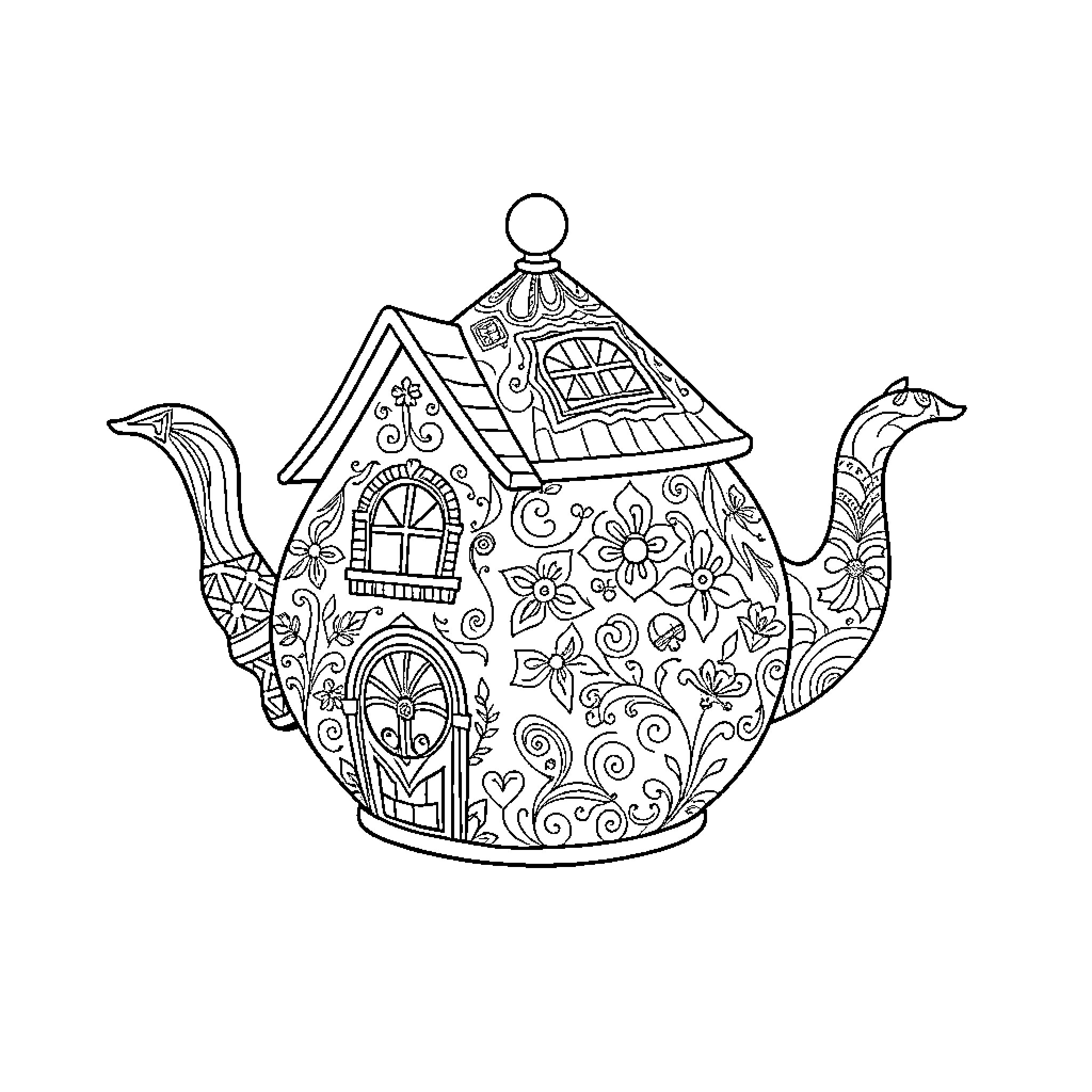 Teapot with intricate floral designs Coloring Page (free black-and-white line drawing printable PDF for all, from beginners to advanced learners, including children, teens, adults, and seniors)