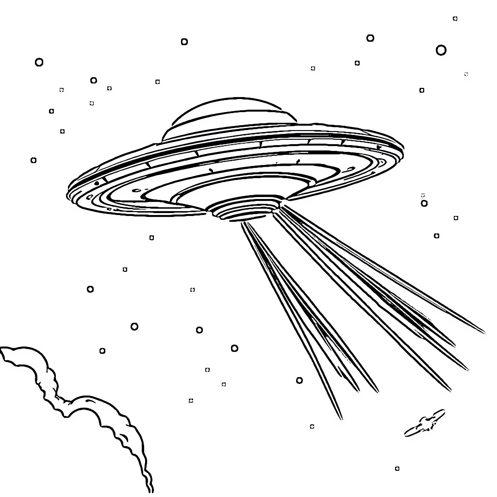 UFO Descending from the Starry Night Sky Coloring Page (free black-and-white line drawing printable PDF for all, from beginners to advanced learners, including children, teens, adults, and seniors)