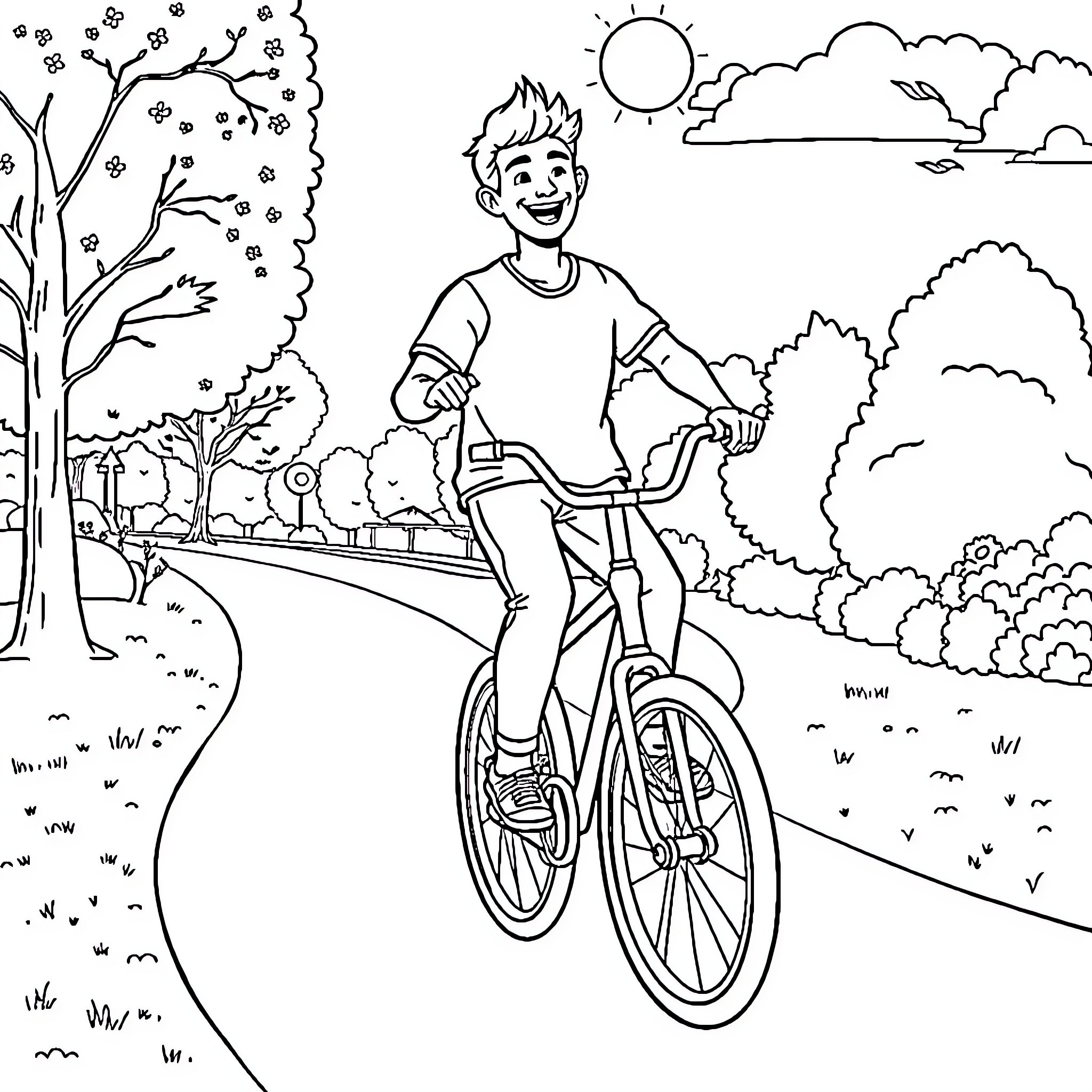 Man enjoying a bicycle ride through the park Coloring Page (free black-and-white line drawing printable PDF for all, from beginners to advanced learners, including children, teens, adults, and seniors)