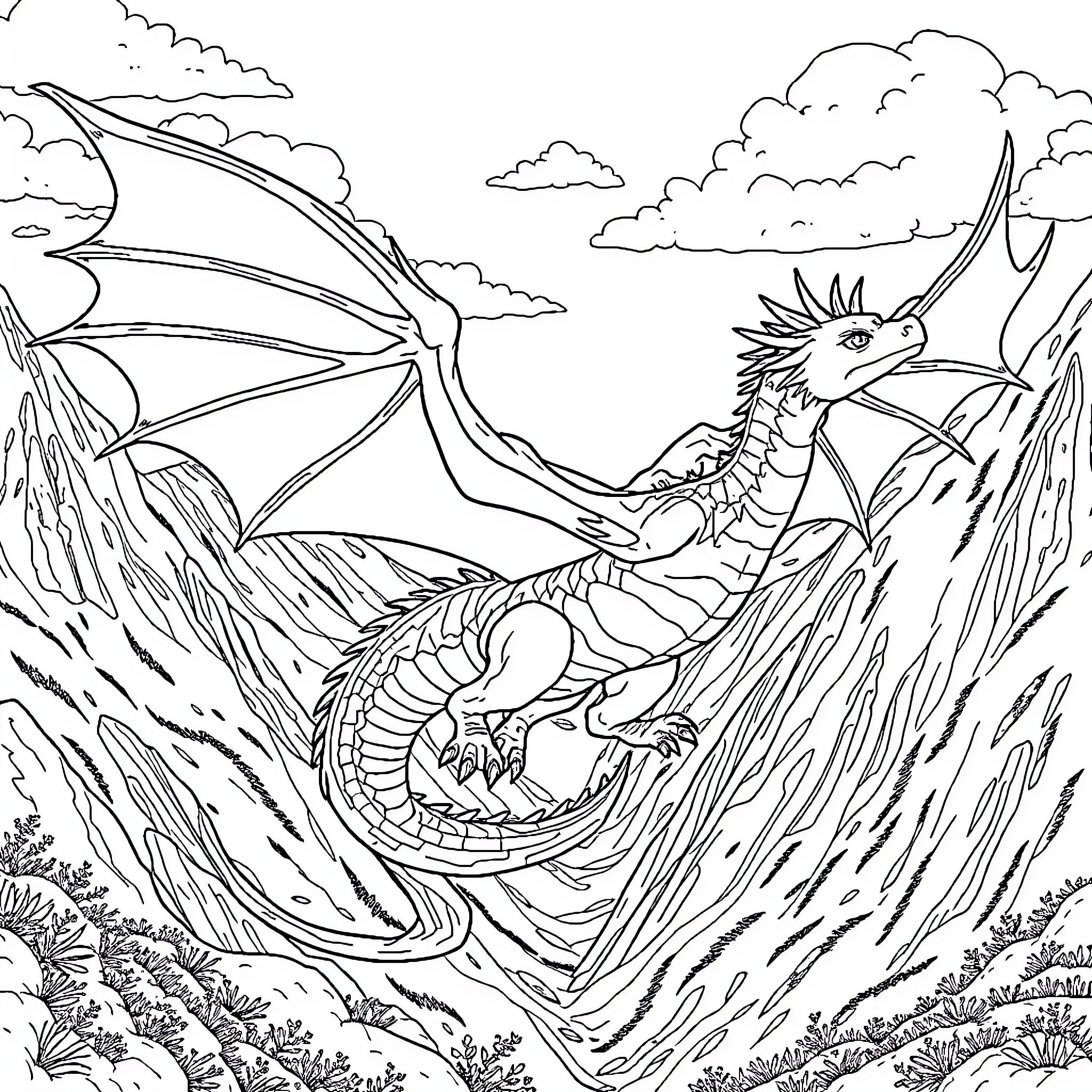 Dragon soaring through majestic mountain landscape Coloring Page (free black-and-white line drawing printable PDF for all, from beginners to advanced learners, including children, teens, adults, and seniors)
