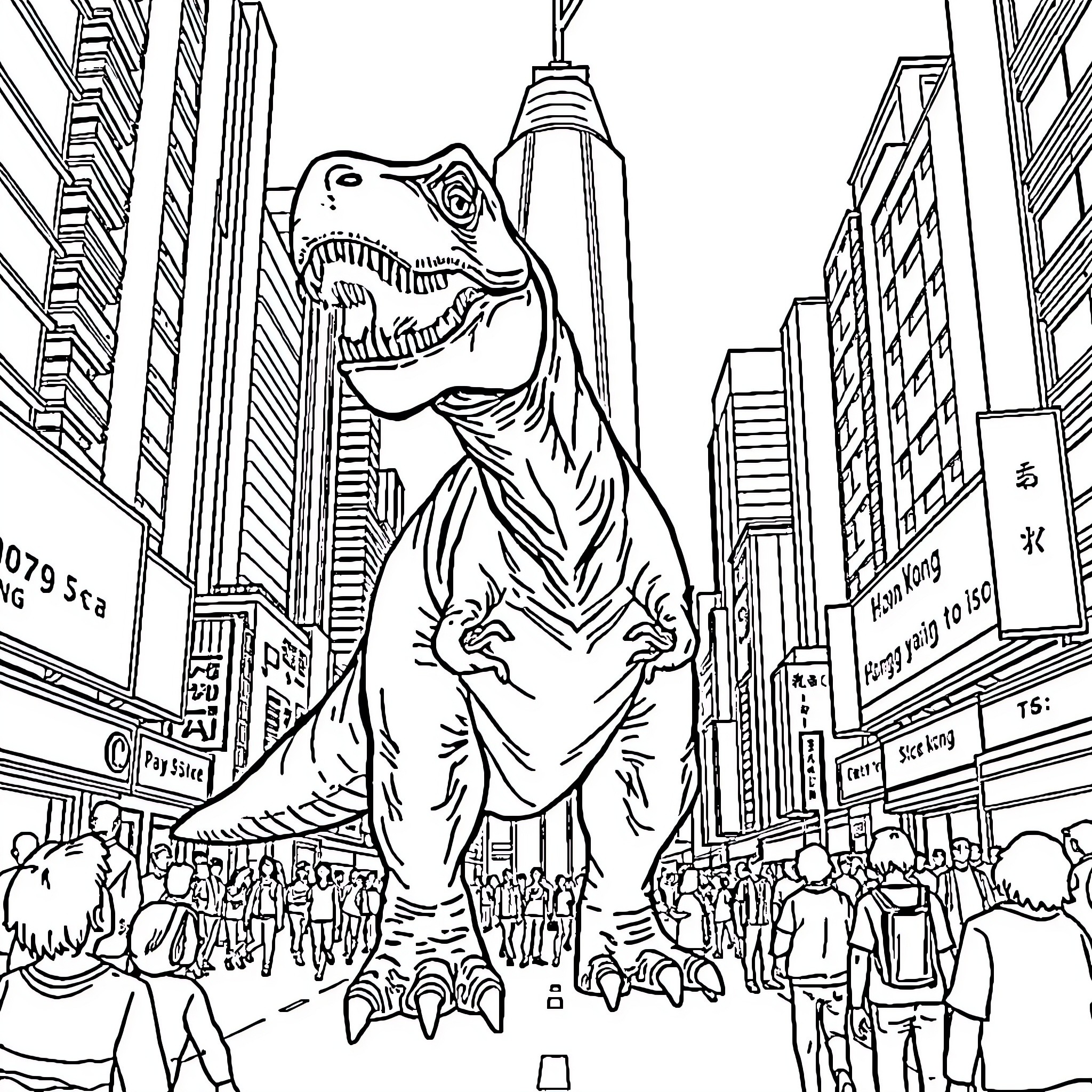 T-Rex Rampaging Through Bustling City Skyline Coloring Page (free black-and-white line drawing printable PDF for all, from beginners to advanced learners, including children, teens, adults, and seniors)
