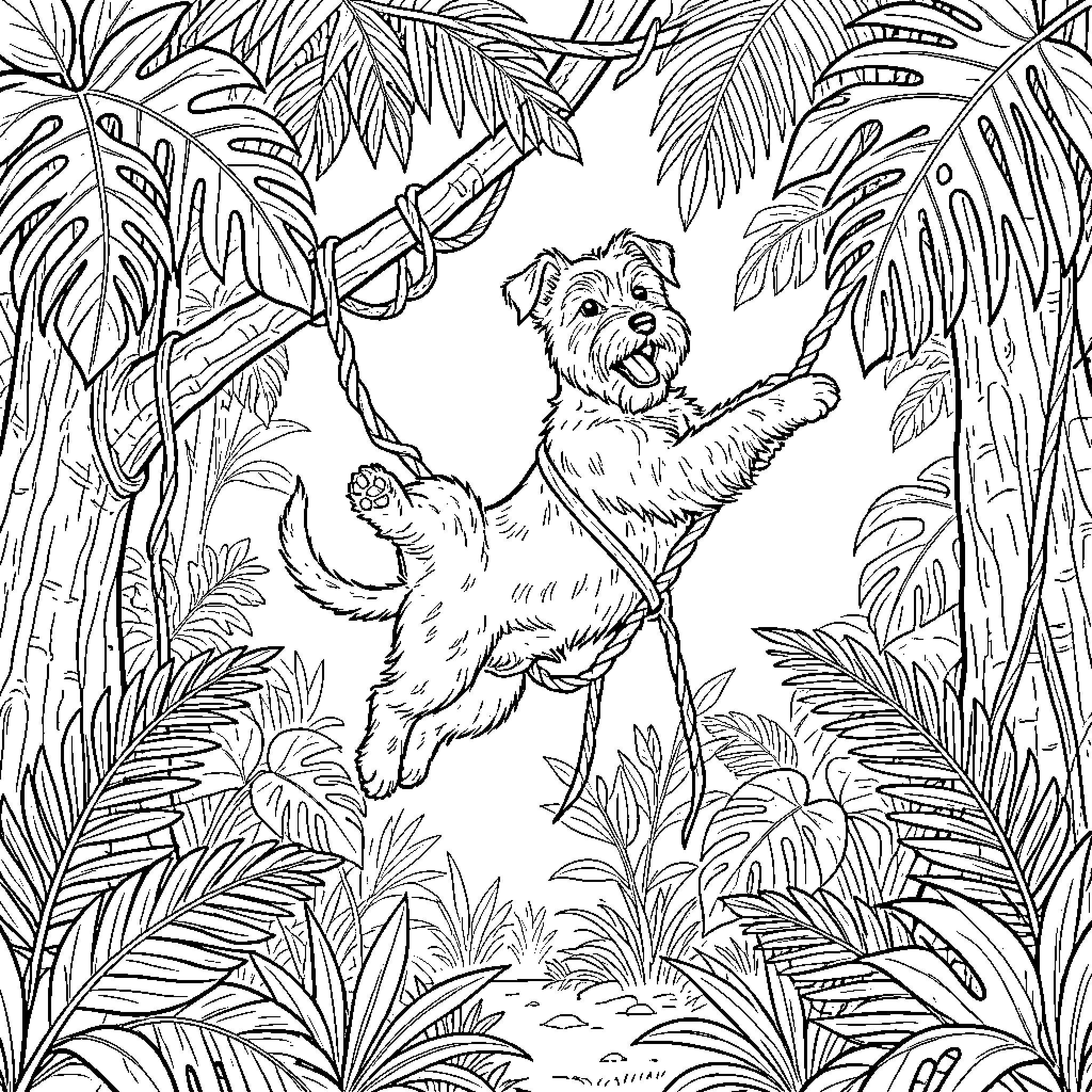 Dachshund exploring the lush jungle Coloring Page (free black-and-white line drawing printable PDF for all, from beginners to advanced learners, including children, teens, adults, and seniors)