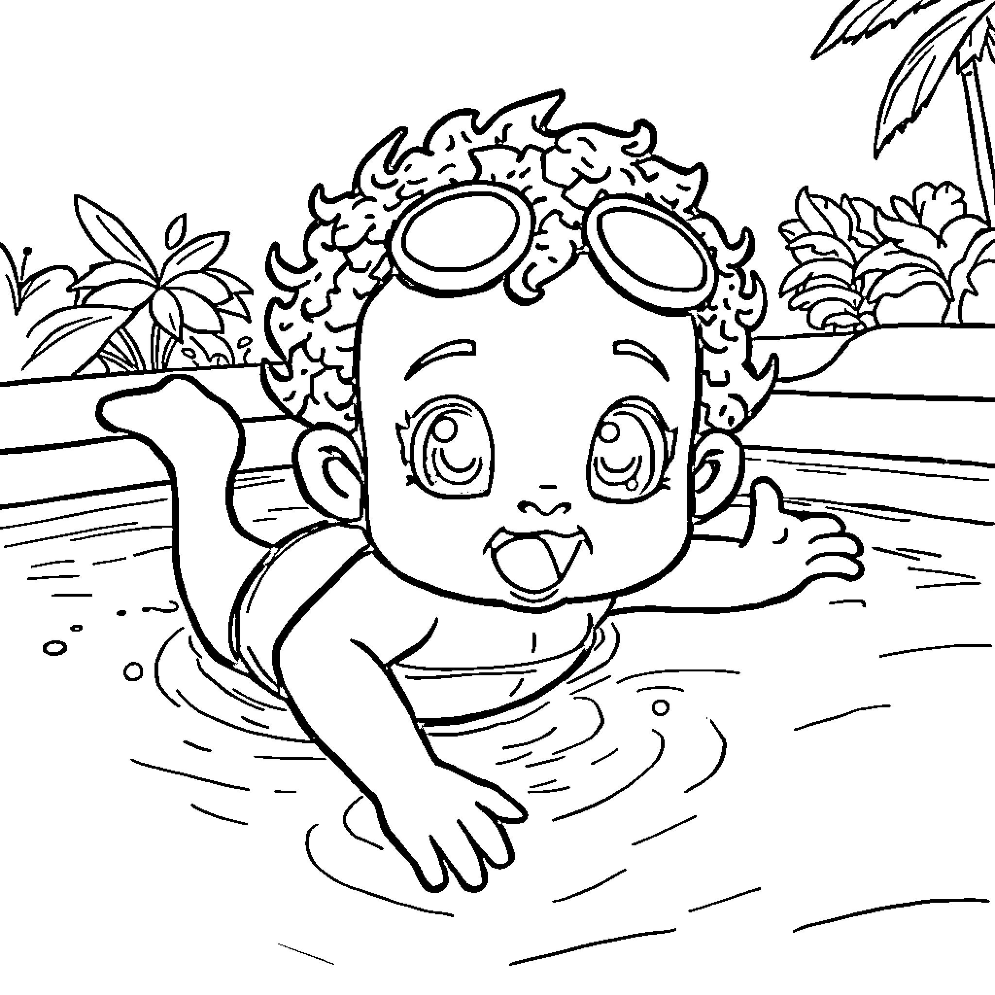 Labubu wearing goggles and swimming happily in water Coloring Page (free black-and-white line drawing printable PDF for all, from beginners to advanced learners, including children, teens, adults, and seniors)