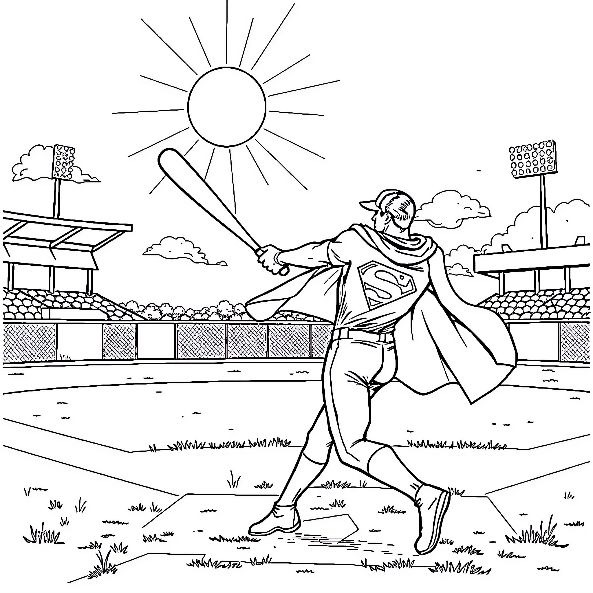 Superman heroically stands in the sunlight Coloring Page (free black-and-white line drawing printable PDF for all, from beginners to advanced learners, including children, teens, adults, and seniors)