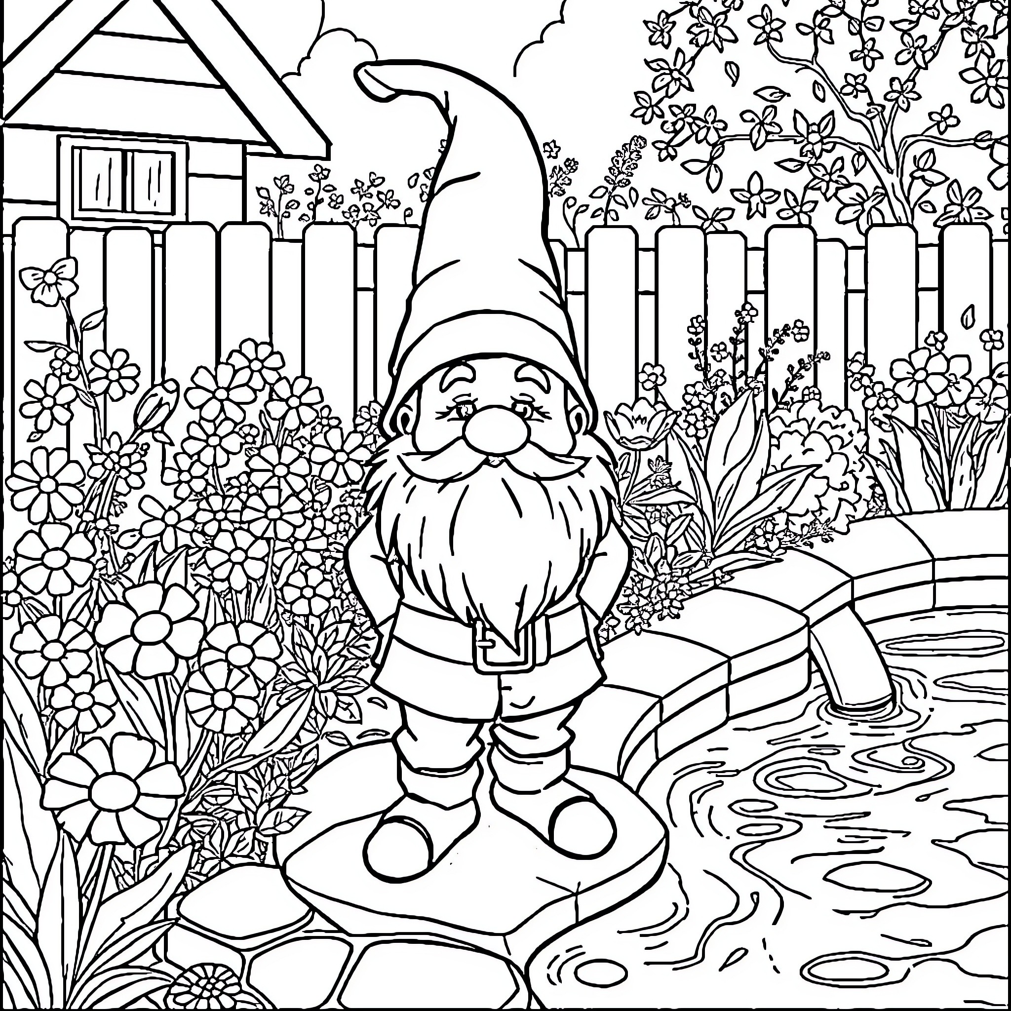 Gnome playing happily in a floral garden Coloring Page (free black-and-white line drawing printable PDF for all, from beginners to advanced learners, including children, teens, adults, and seniors)